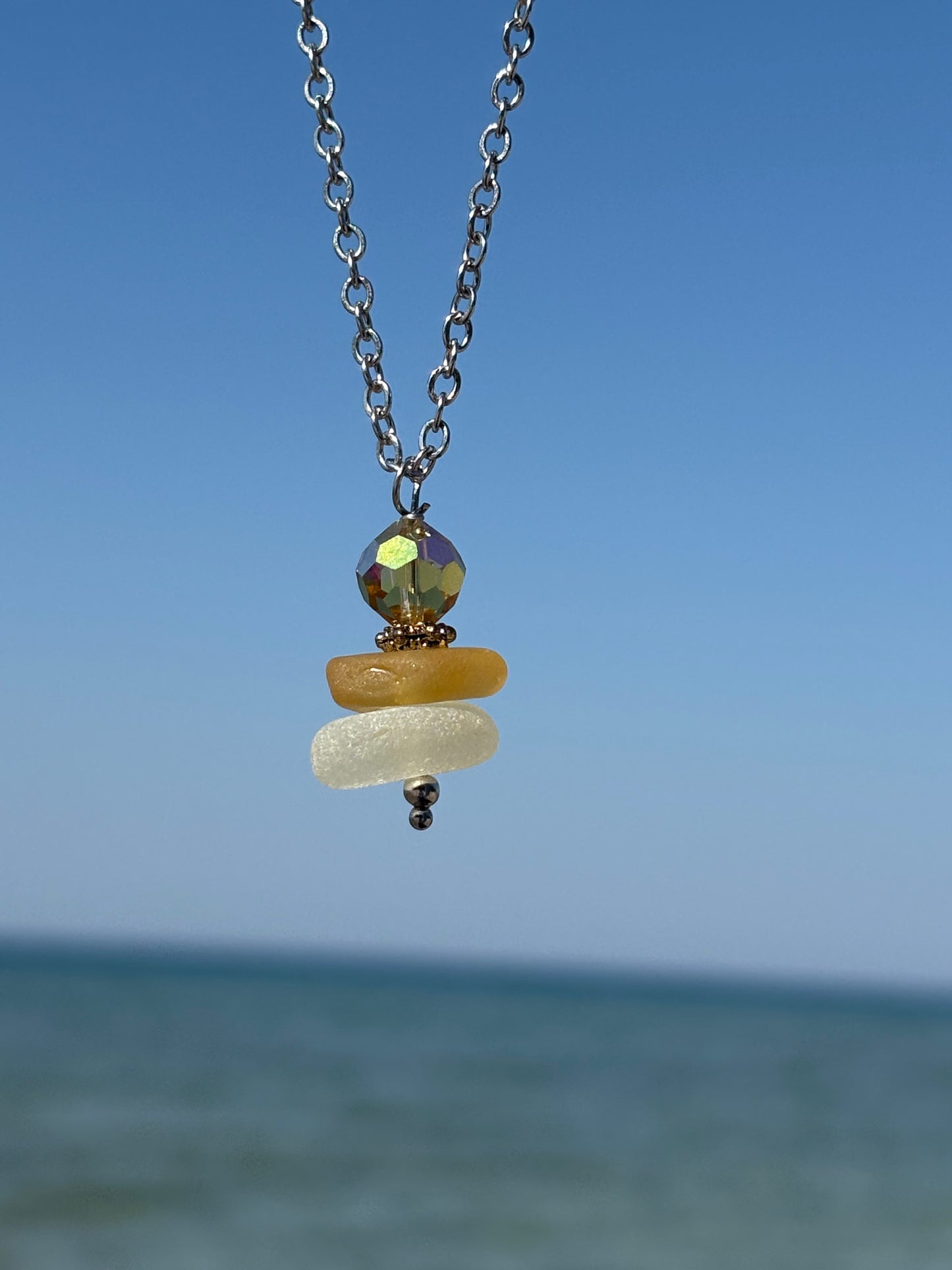 Yellow Aurora Borealis & Beach Glass Necklace β 18β Stainless Steel
