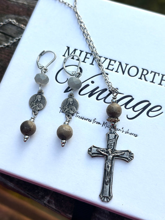 Vintage French Rosary & Petoskey Stone Jewelry Set – Earrings + 26” Stainless Steel Necklace