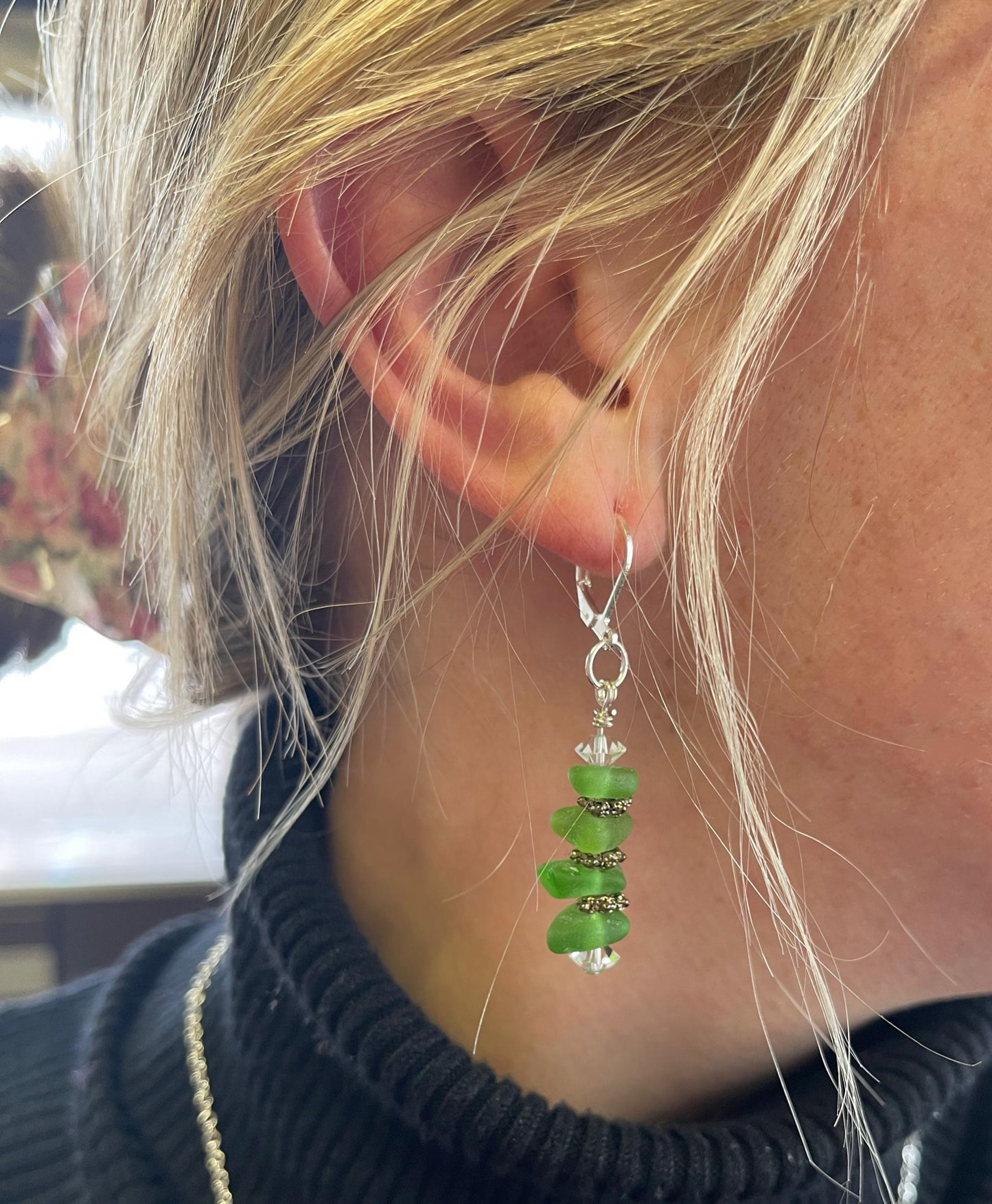 Bright green stacked beach glass earrings