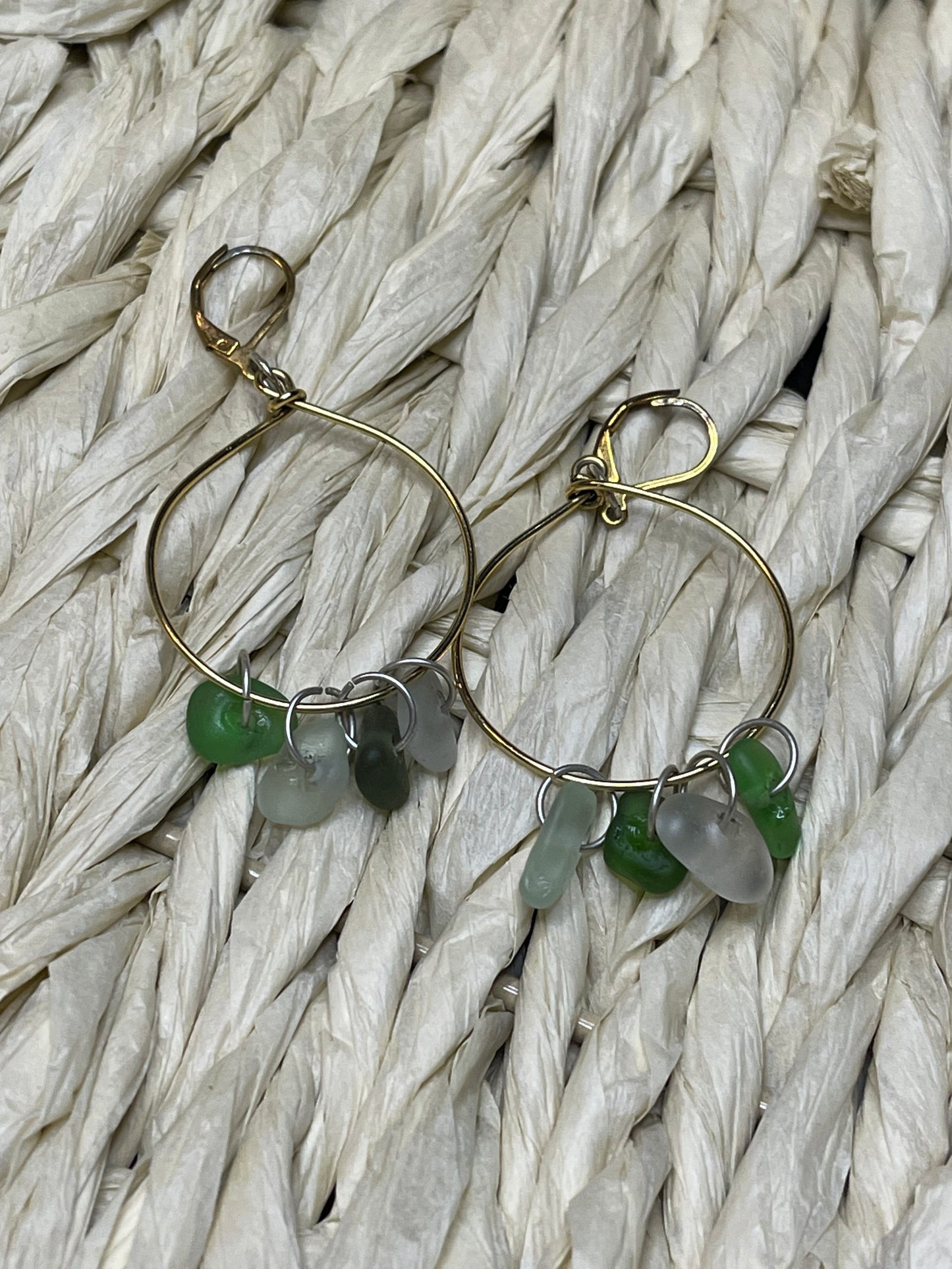 Gold plated hoop earrings with Lake Michigan beach glass charms