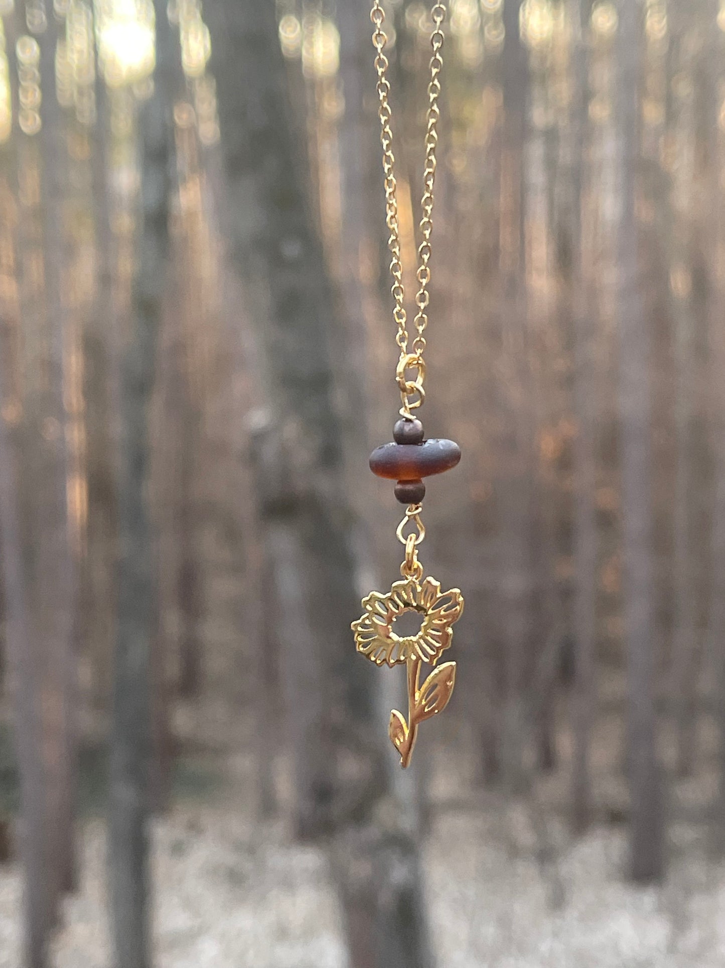 24 Karat Gold Plated Birth Flower + Lake Michigan Beach Glass Pendant