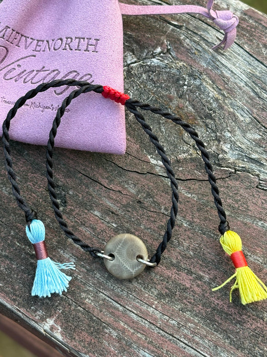 Petoskey Stone Adjustable Tassel Bracelet – Black Cord