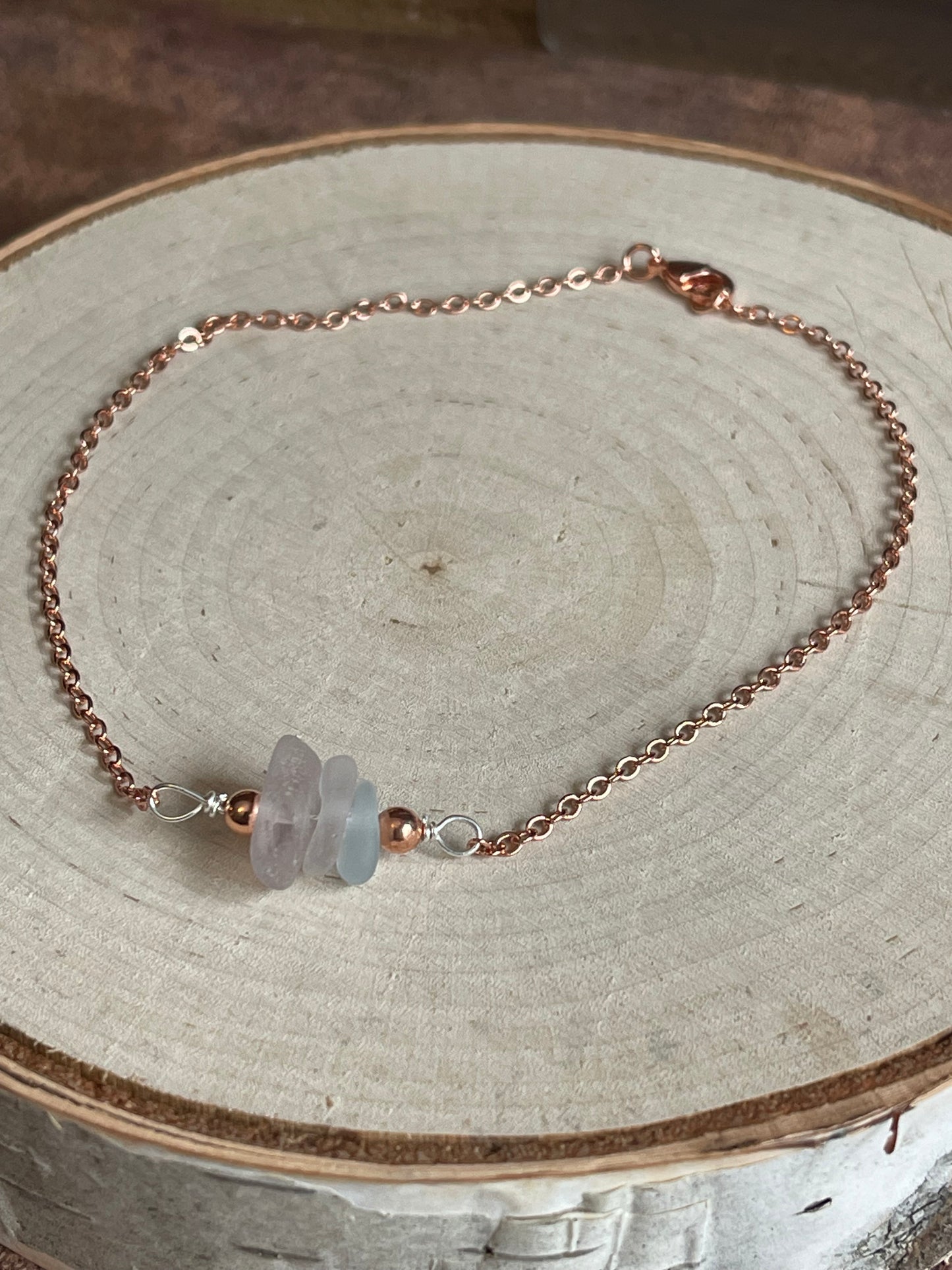 10” Rose gold plated anklet with pastel authentic Great Lakes beach glass