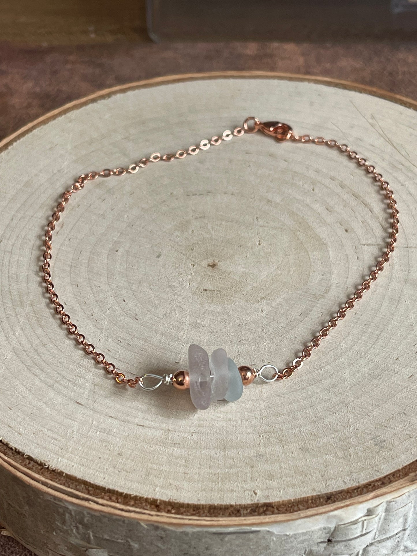 10” Rose gold plated anklet with pastel authentic Great Lakes beach glass
