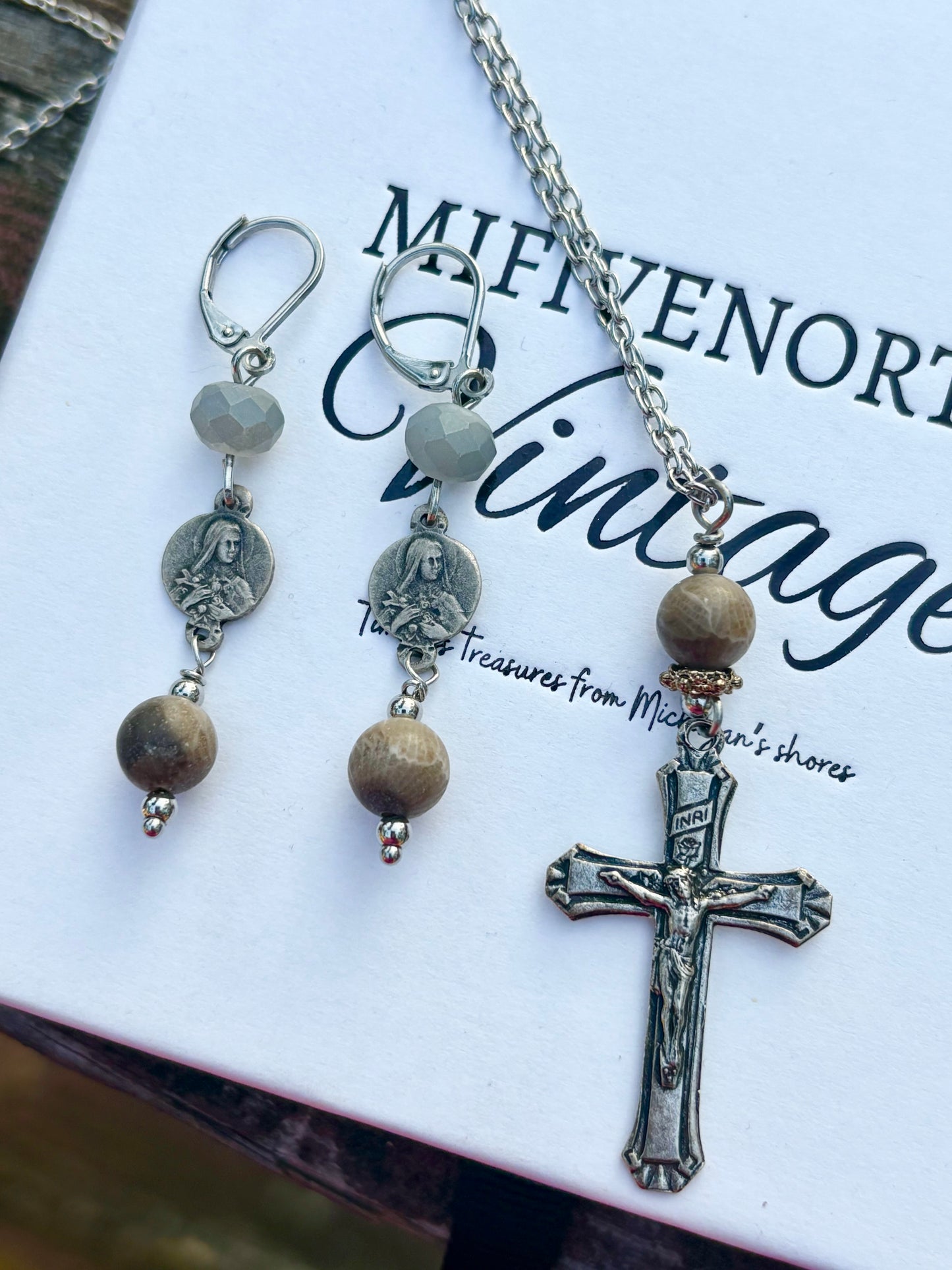 Vintage French Rosary & Petoskey Stone Jewelry Set – Earrings + 26” Stainless Steel Necklace