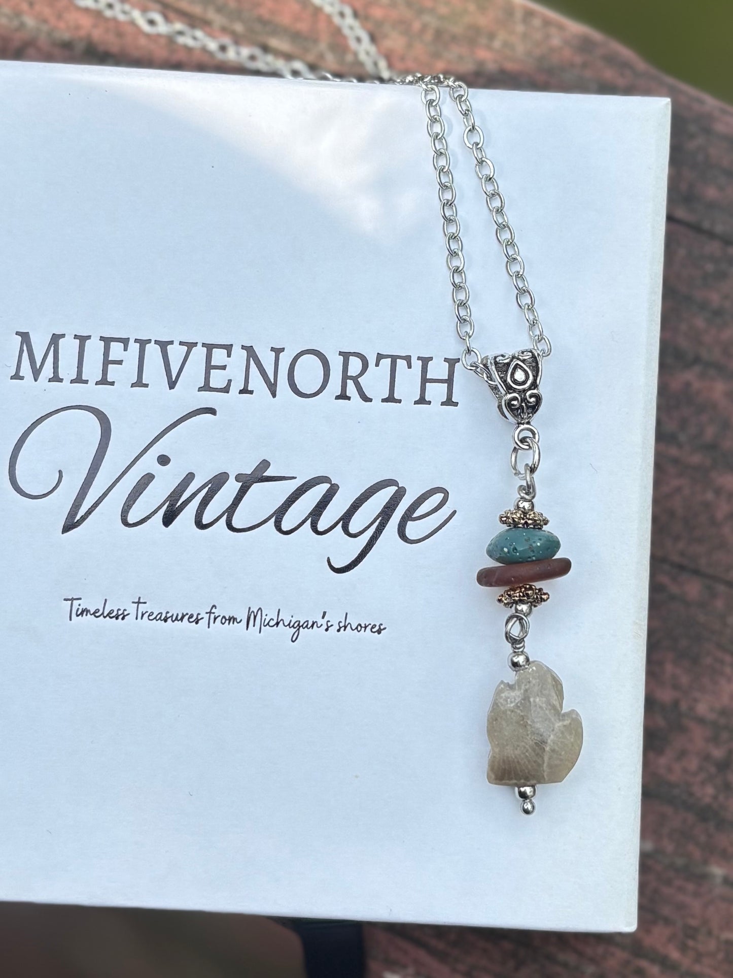 Michigan Petoskey Stone Pendant Necklace – Beach Glass & Leland Blue Accent