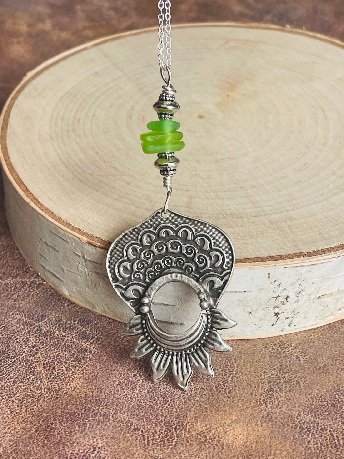Bright green Genuine Lake Michigan Beach Glass Pendant Necklace