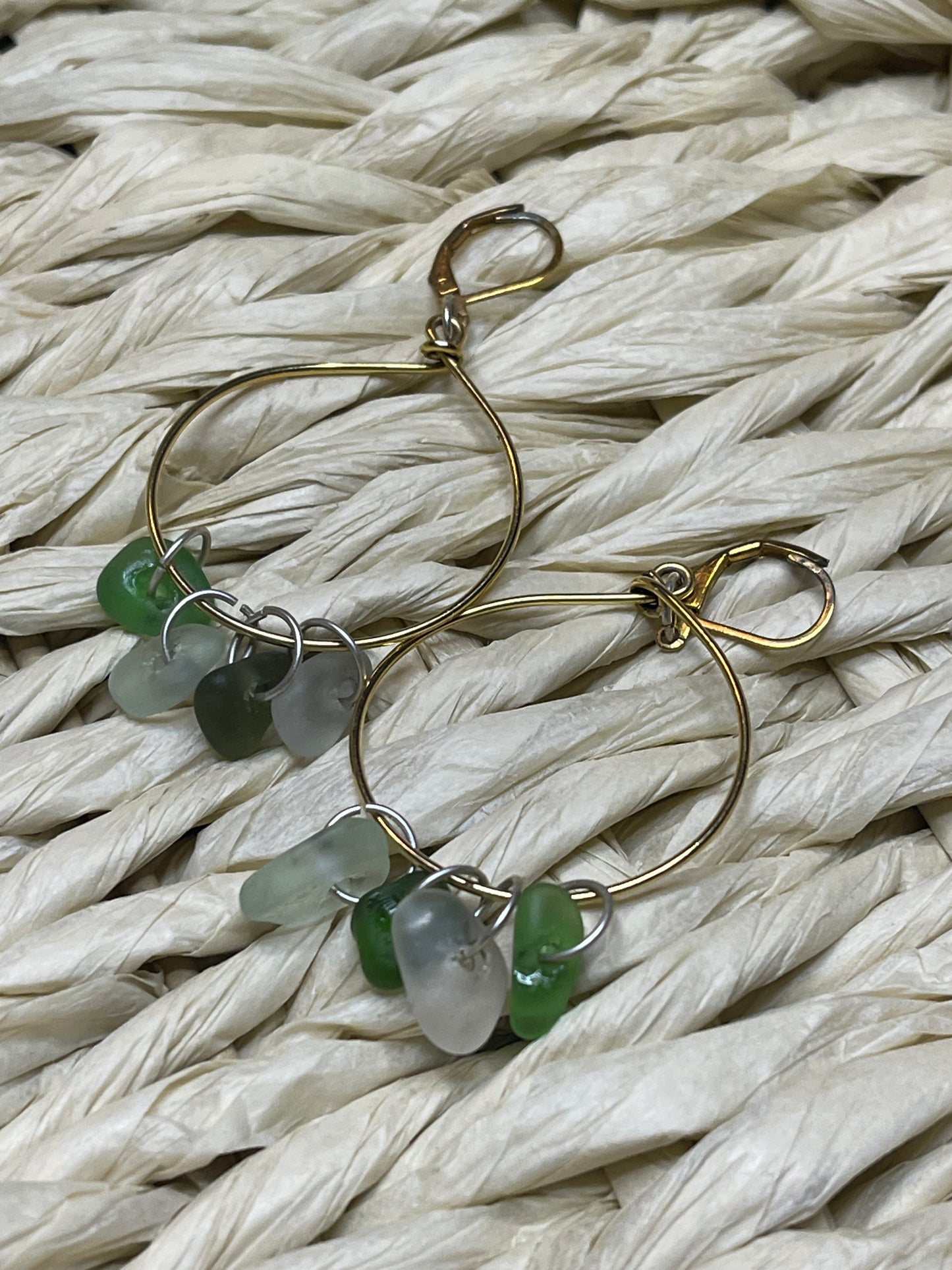 Gold plated hoop earrings with Lake Michigan beach glass charms