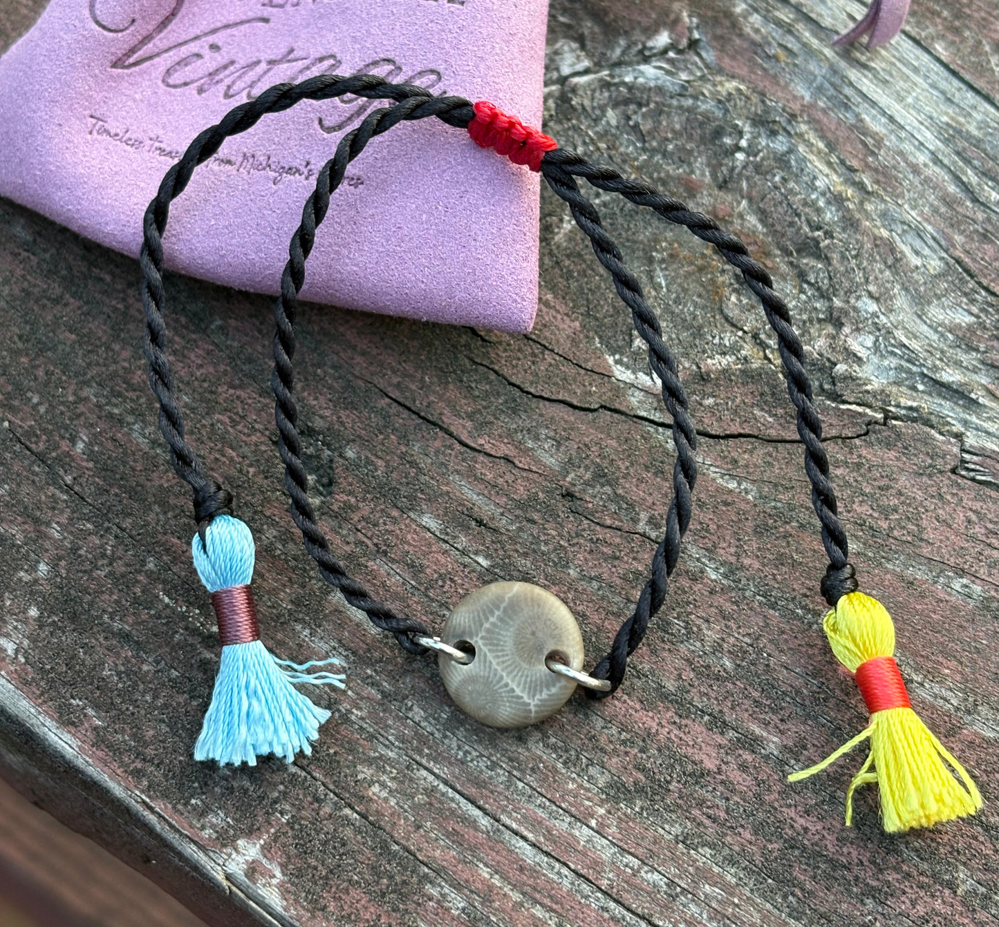 Petoskey Stone Adjustable Tassel Bracelet – Black Cord