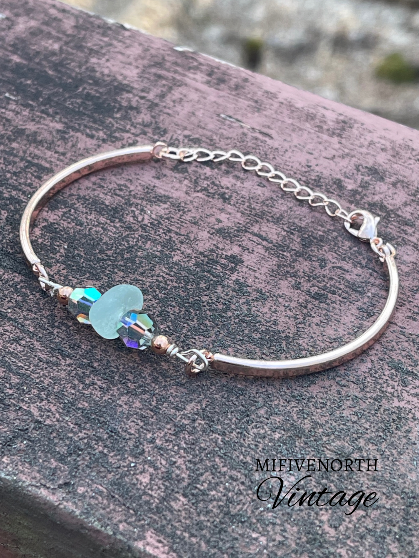 Rose Gold Plated Authentic Great Lakes Beach Glass Adjustable Bracelet