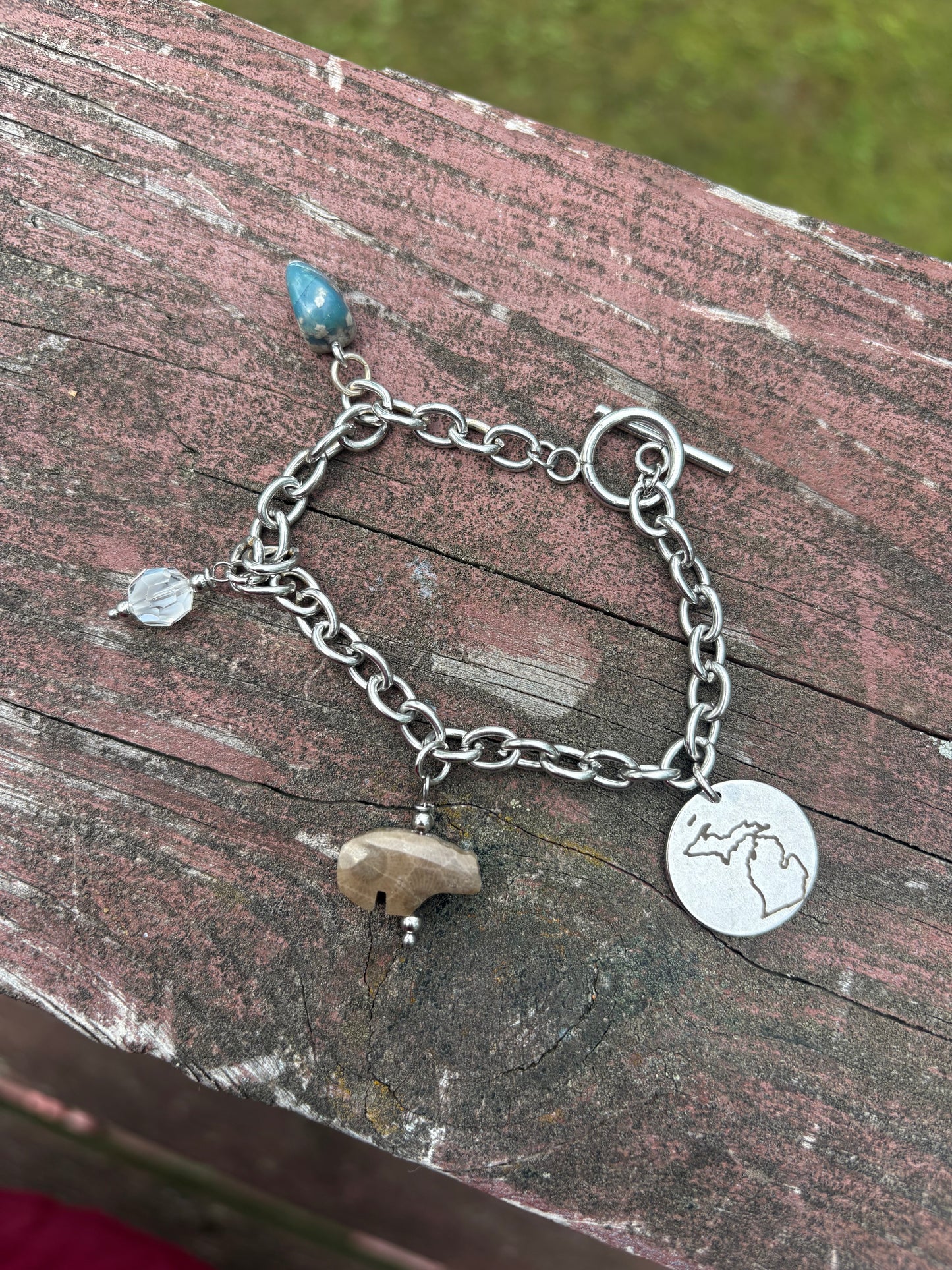Michigan Charm Bracelet – Leland Blue, Petoskey Bear & Vintage Swarovski | 7” Stainless Steel