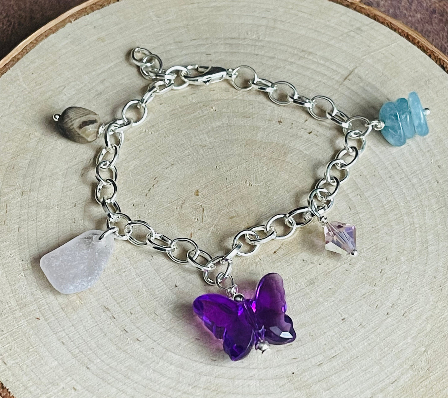 Authentic Lake Erie Lavender beach glass + Petoskey stone charm bracelet