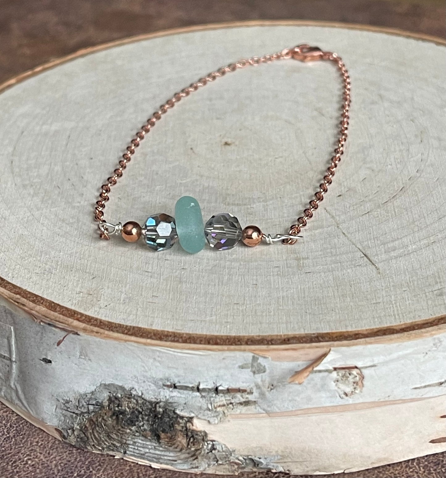 Beautiful Authentic Baby Blue beach glass + Vintage Swarovski crystals 9” anklet