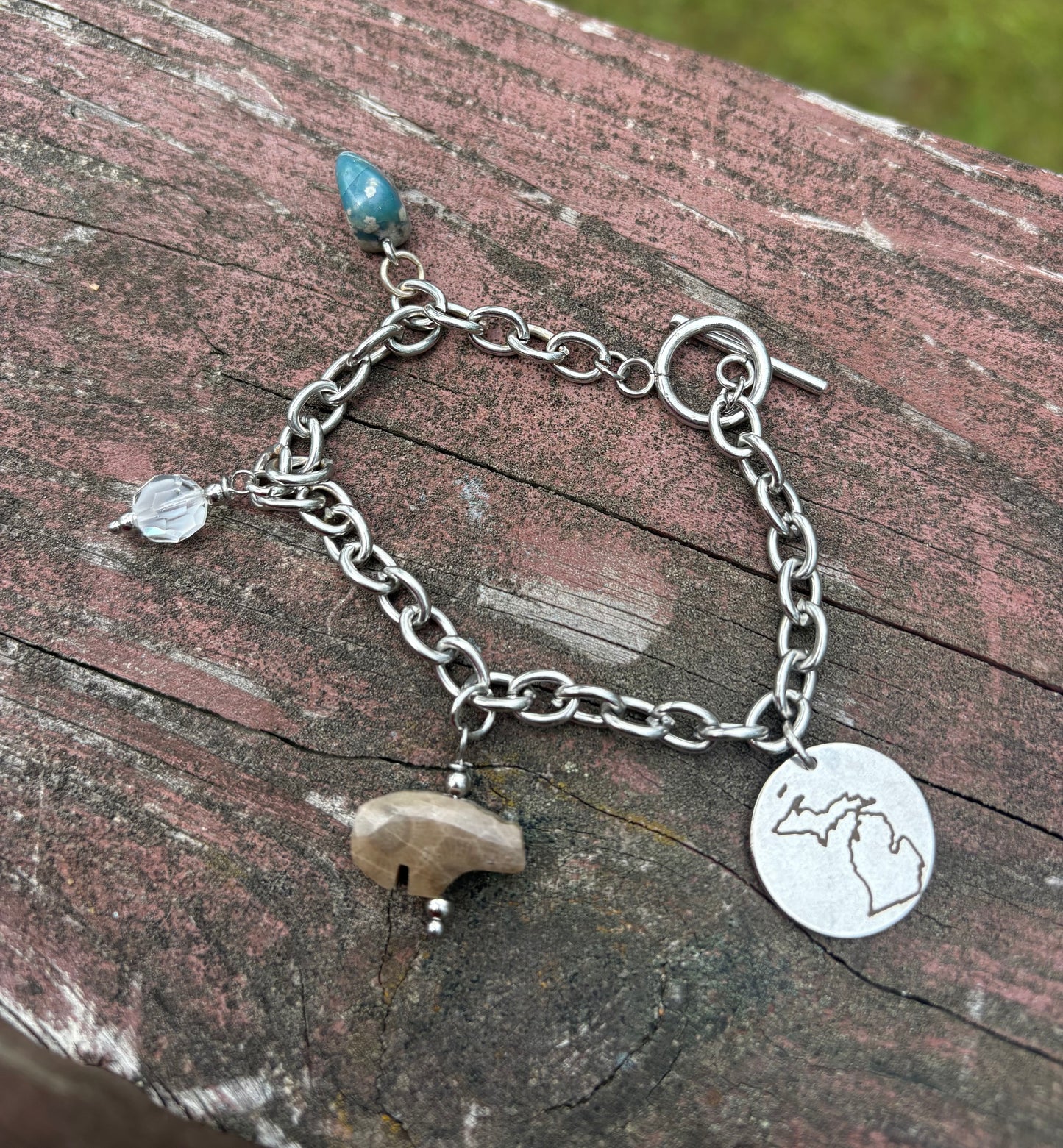 Michigan Charm Bracelet – Leland Blue, Petoskey Bear & Vintage Swarovski | 7” Stainless Steel