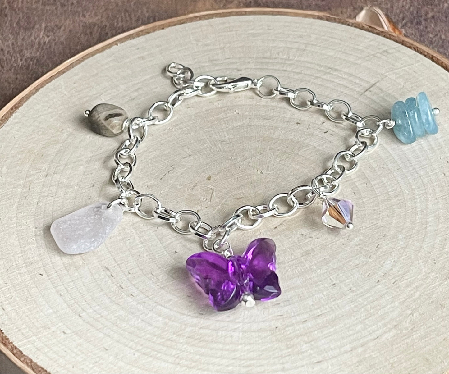 Authentic Lake Erie Lavender beach glass + Petoskey stone charm bracelet