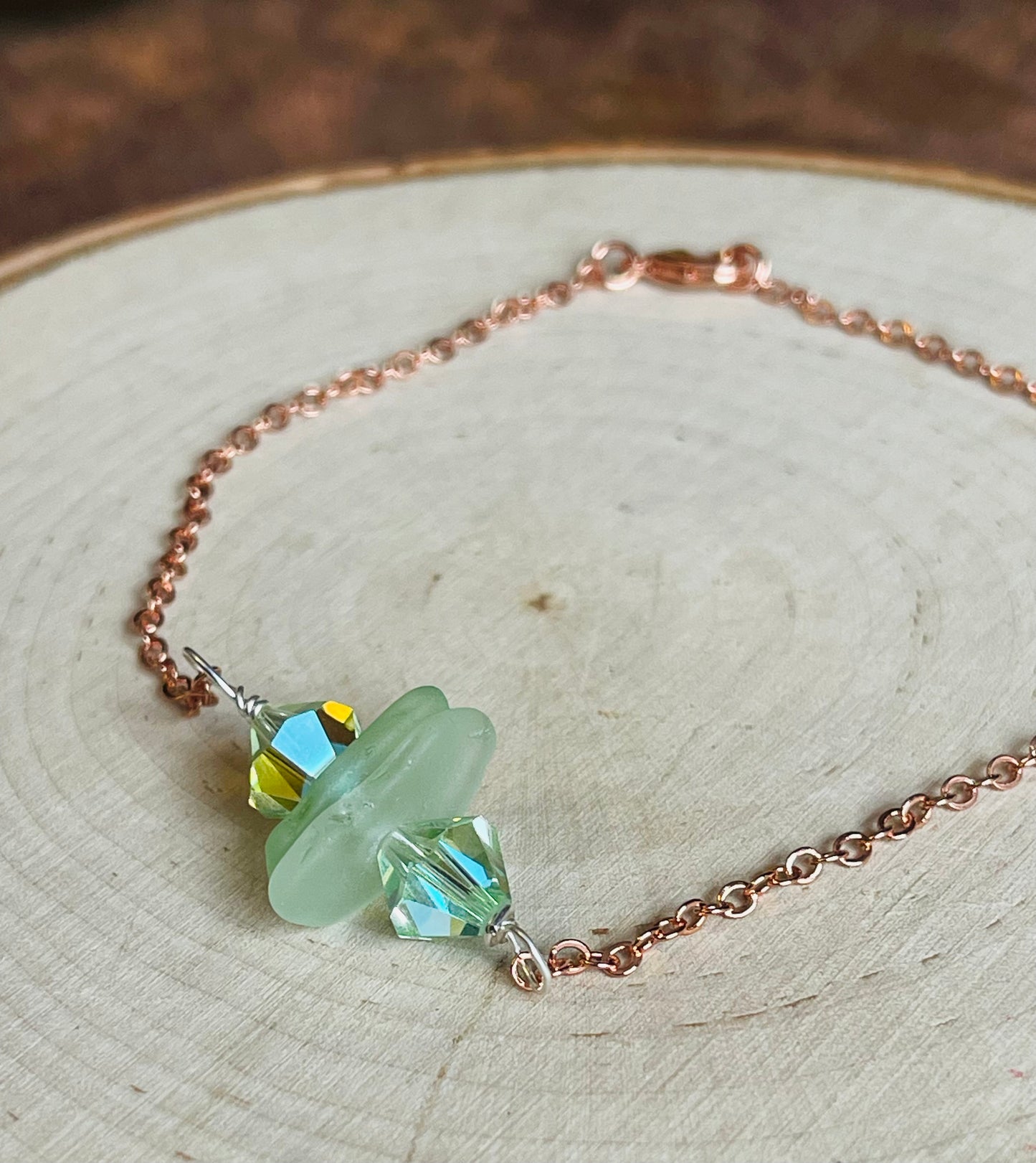 9” Rose Gold Plated anklet with Seafoam Green Authentic Beach Glass