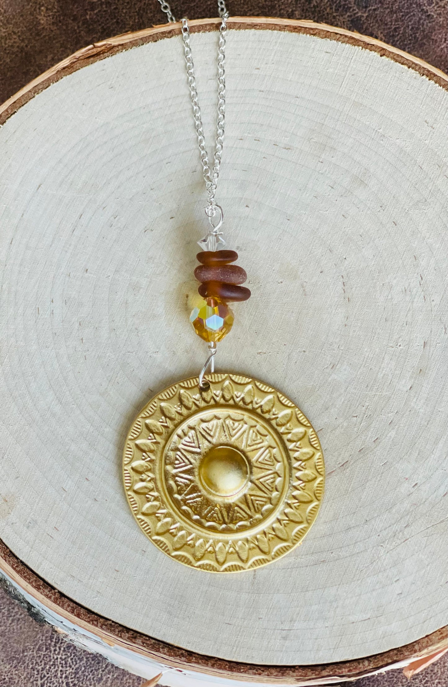 Good Plated Medallion + Authentic Lake Michigan Beach Glass + Topaz Vintage Swarovski Crystal