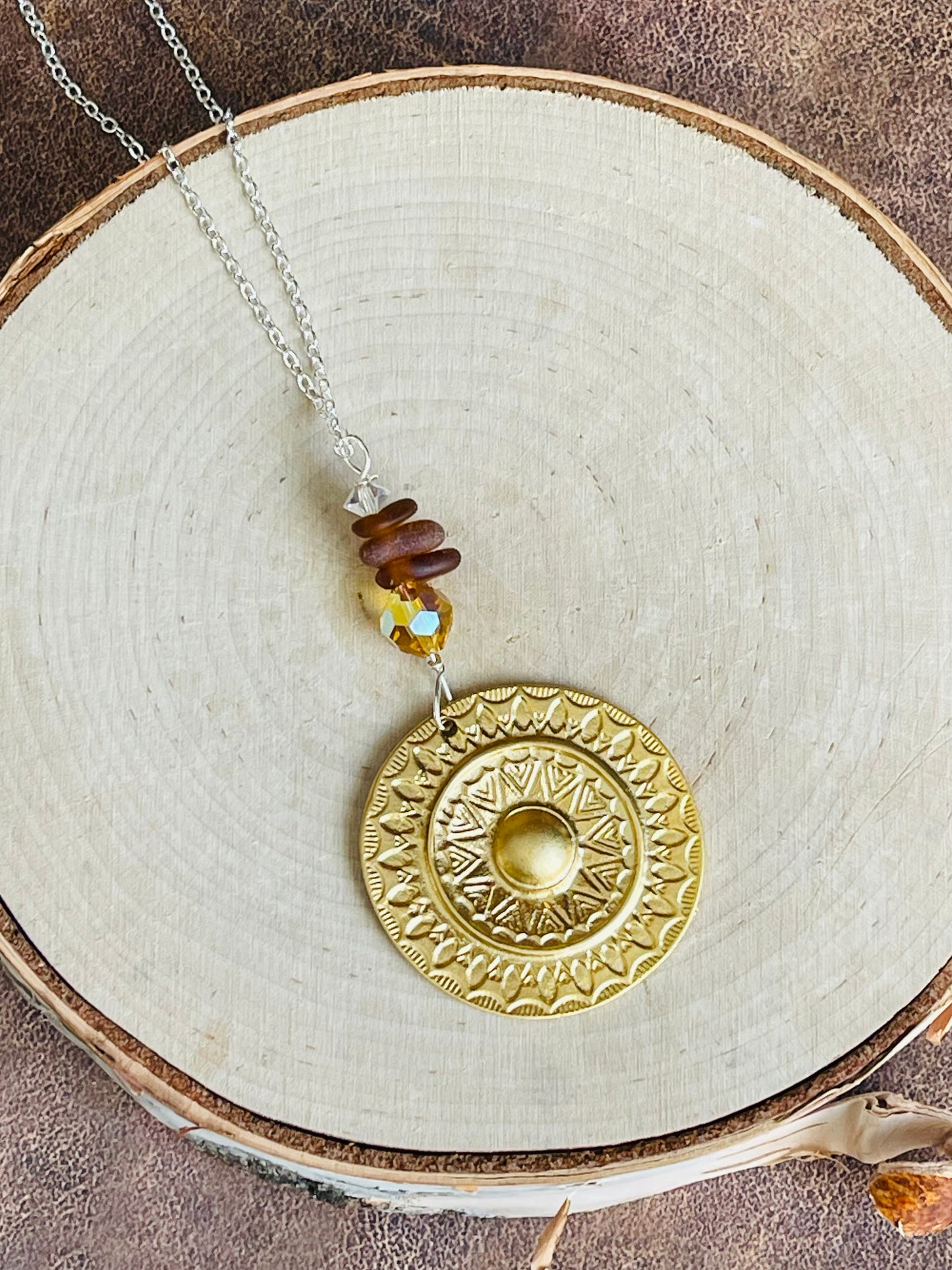 Good Plated Medallion + Authentic Lake Michigan Beach Glass + Topaz Vintage Swarovski Crystal