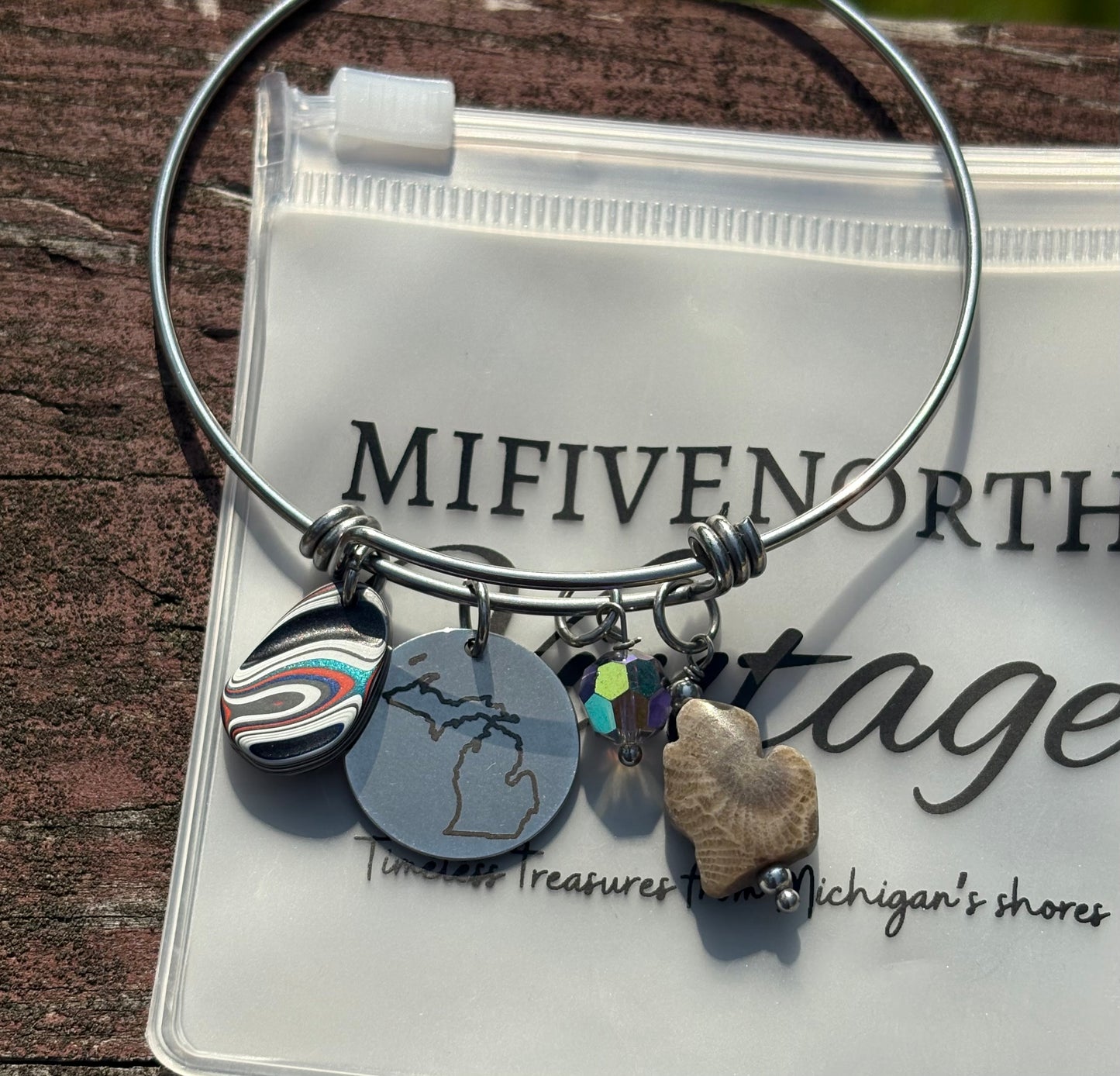 Michigan Charm Bracelet – Petoskey Stone, Fordite & Swarovski Crystal