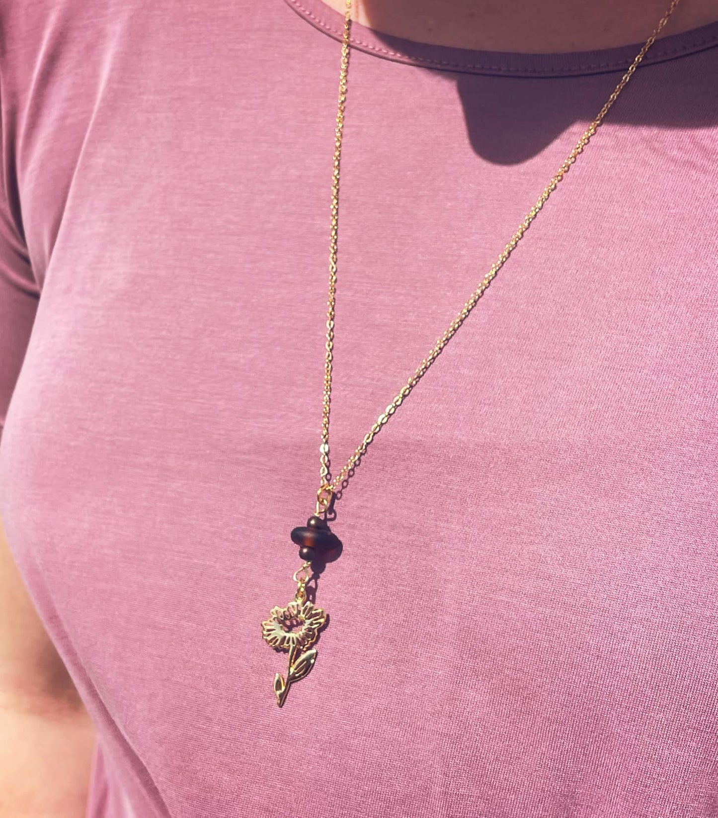 24 Karat Gold Plated Birth Flower + Lake Michigan Beach Glass Pendant