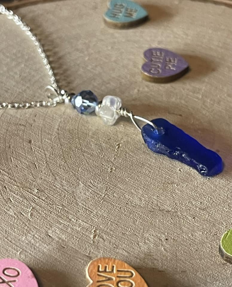 Authentic Blue Lake Michigan Beach Glass Sterling Silver Pendant + Vintage Swarovski Crystals