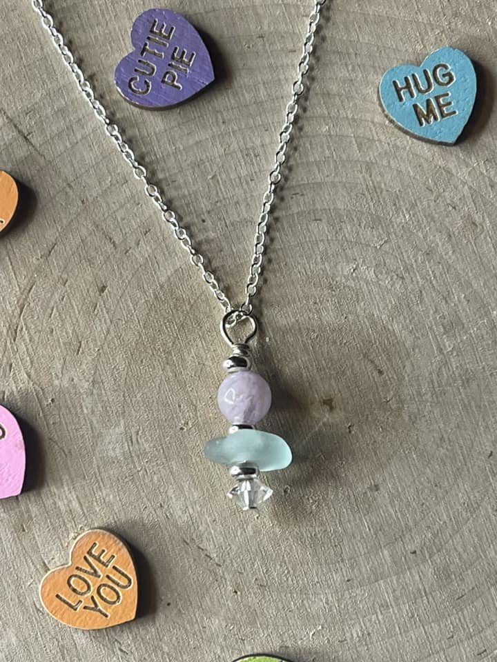 Authentic Michigan Light Blue Beach Glass + Amethyst + Vintage Swarovski Crystal