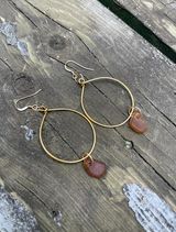 Authentic Gold-Plated Hoop Earrings with Brown Lake Michigan Beach Glass Charms