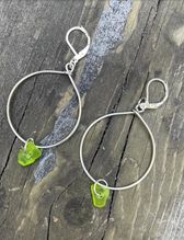 Authentic Sterling Silver Plated Hoop Earrings with Bright Green Beach Glass Charms