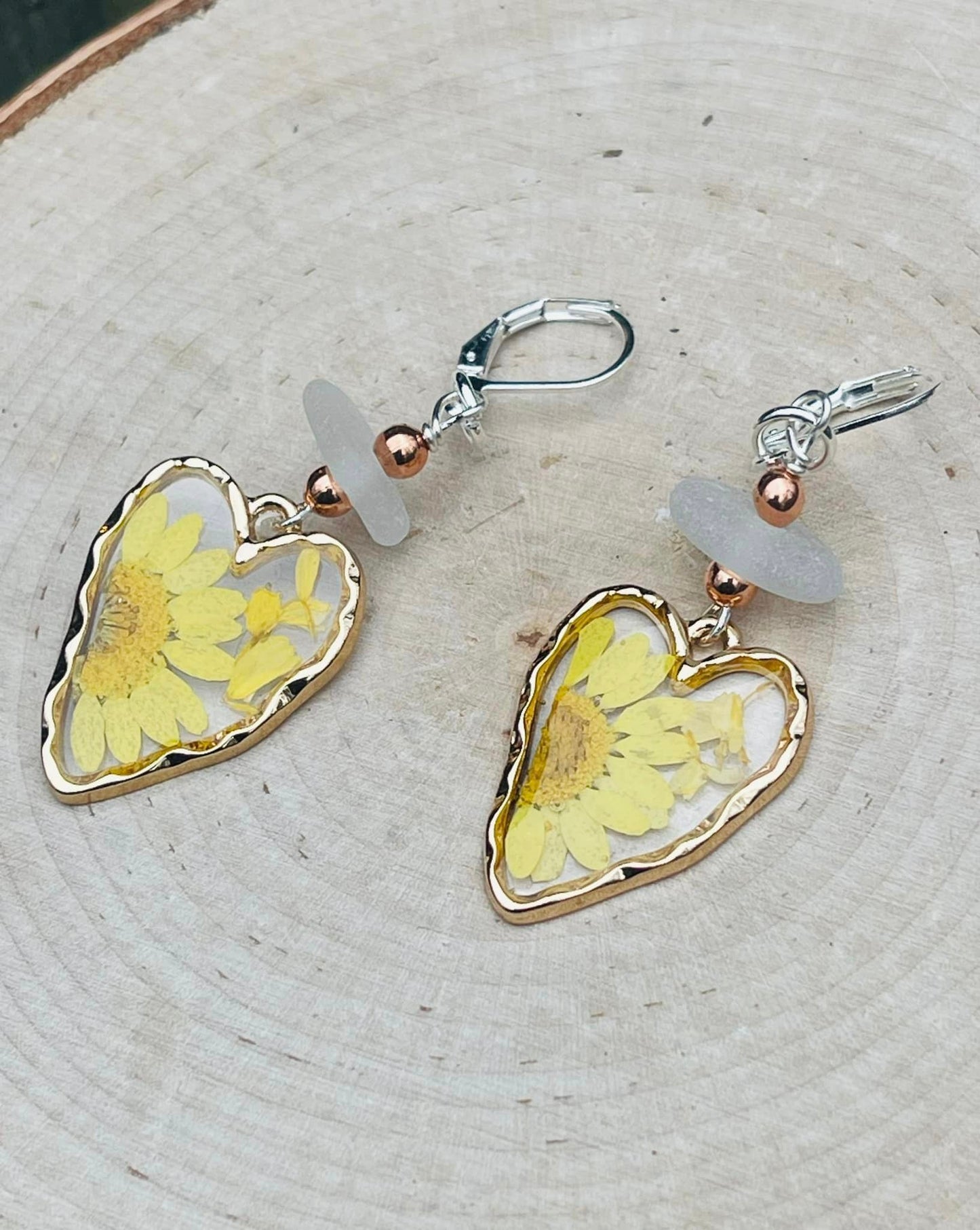 Heart Shaped Yellow Daisy Flower + Great Lakes Beach Glass Earrings