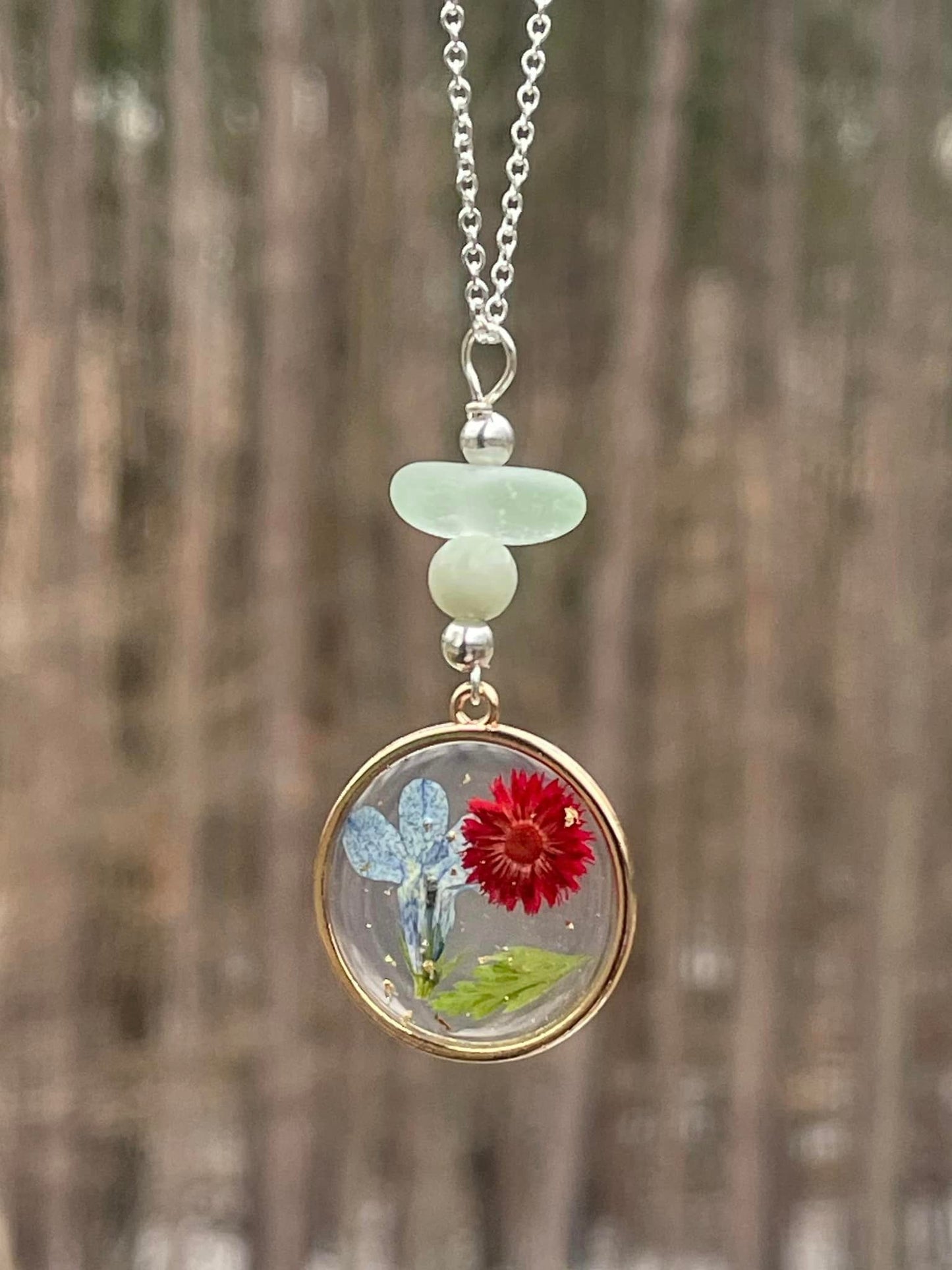 Gorgeous Pressed Flower + Lake Michigan Beach Glass 24" Sterling Plated Necklace