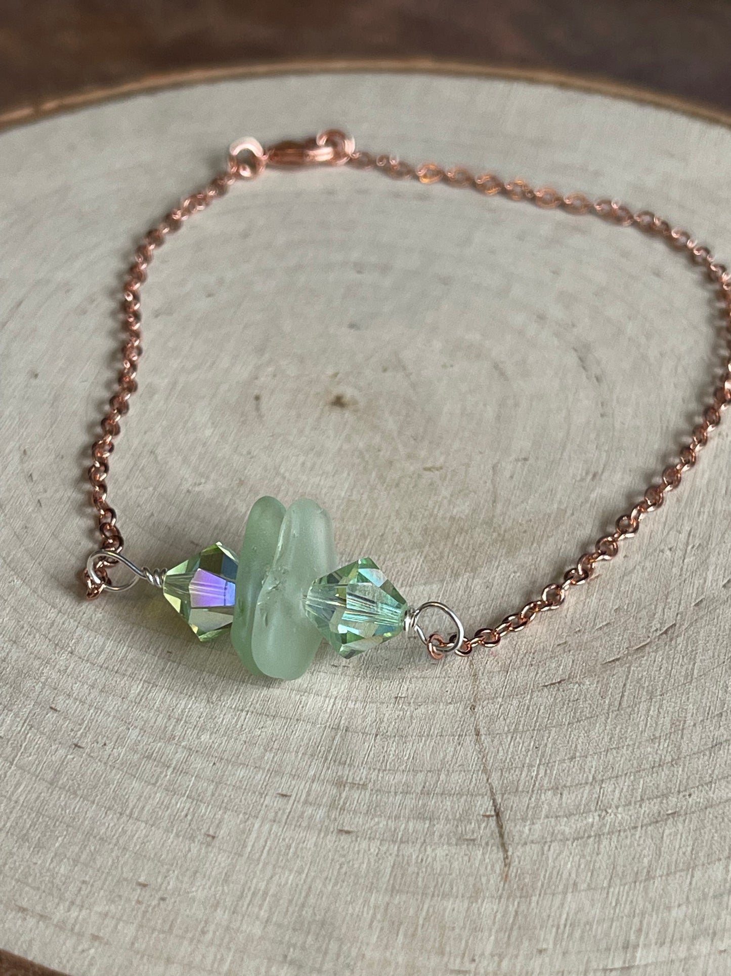 9” Rose Gold Plated anklet with Seafoam Green Authentic Beach Glass