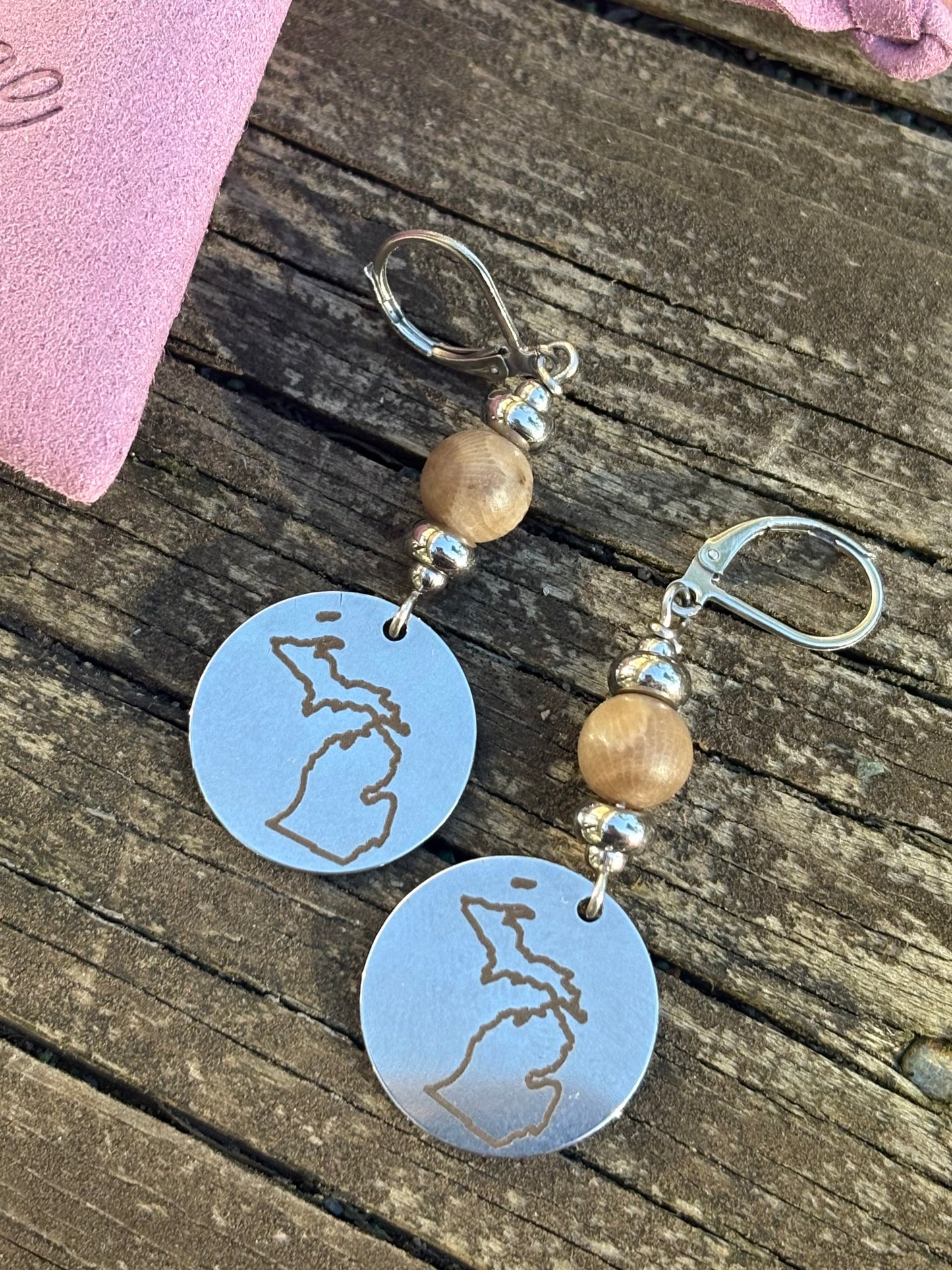 Michigan Charm Earrings with Petoskey Stone – Stainless Steel