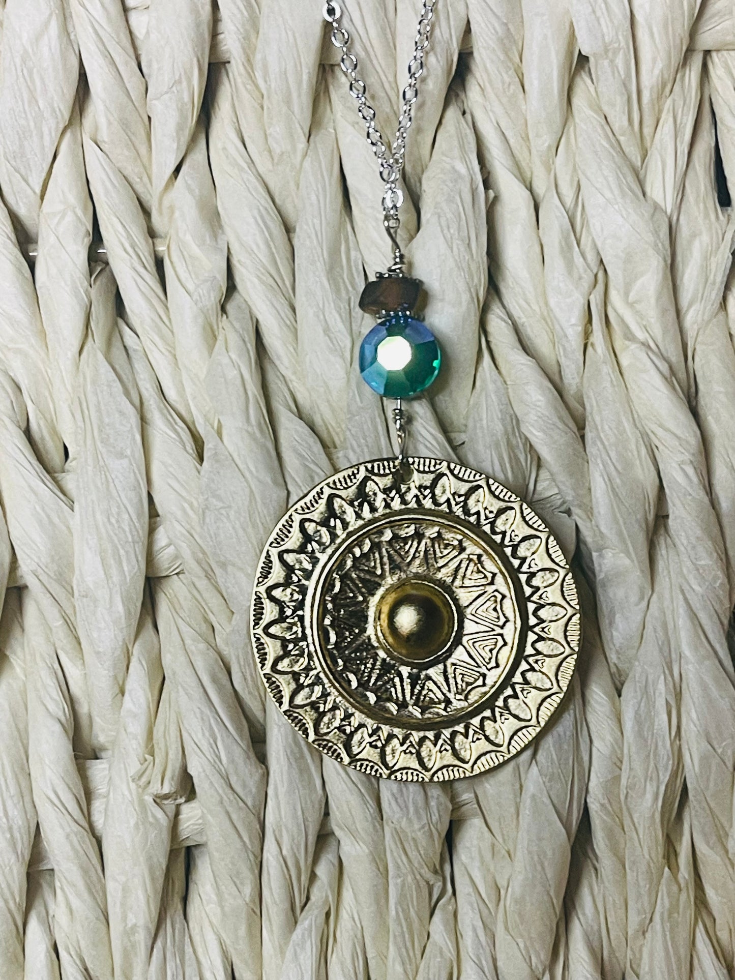 Gorgeous gold plated medallion pendant necklace with Michigan beach glass and emerald Swarovski crystal