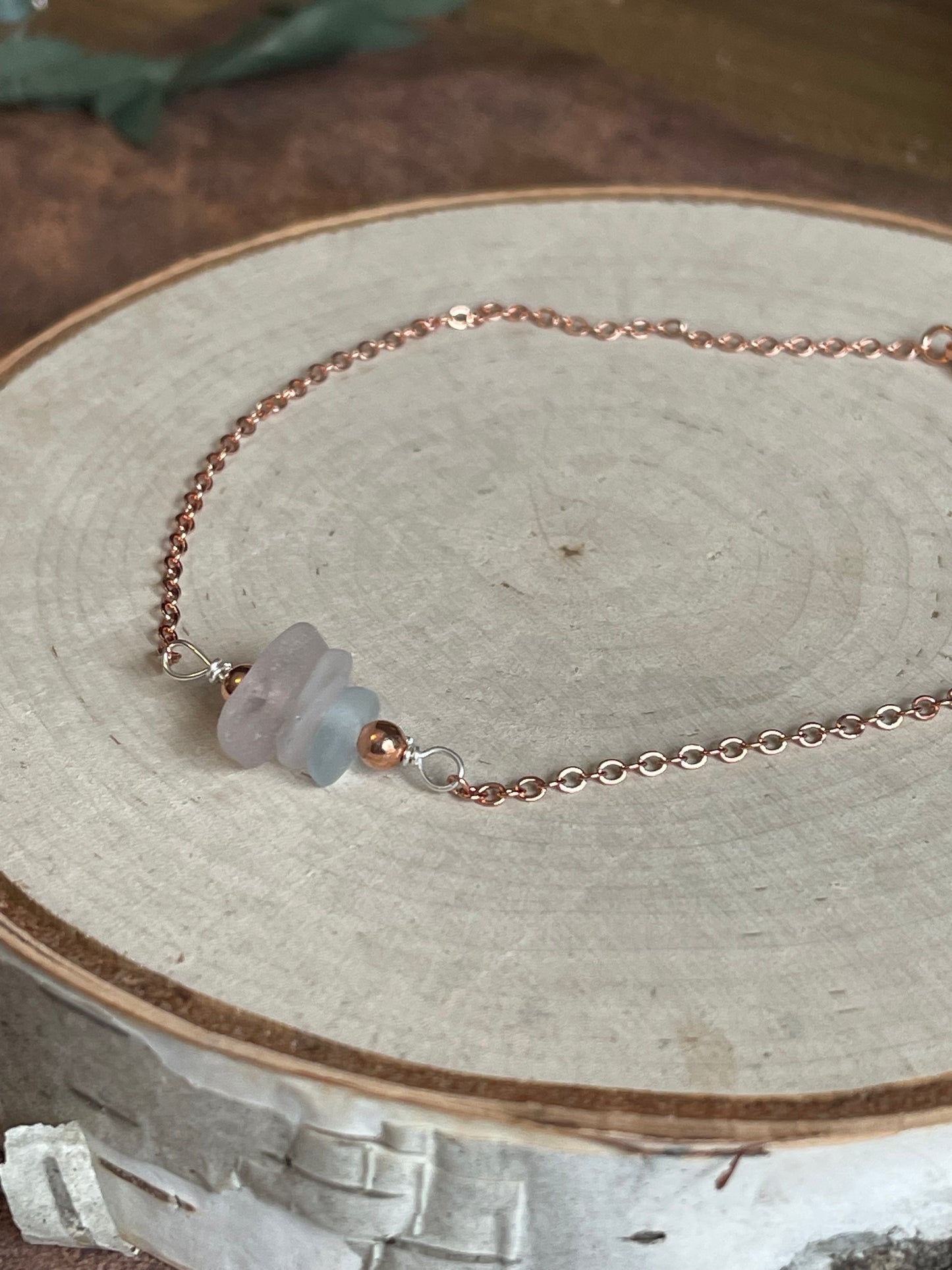 10” Rose gold plated anklet with pastel authentic Great Lakes beach glass