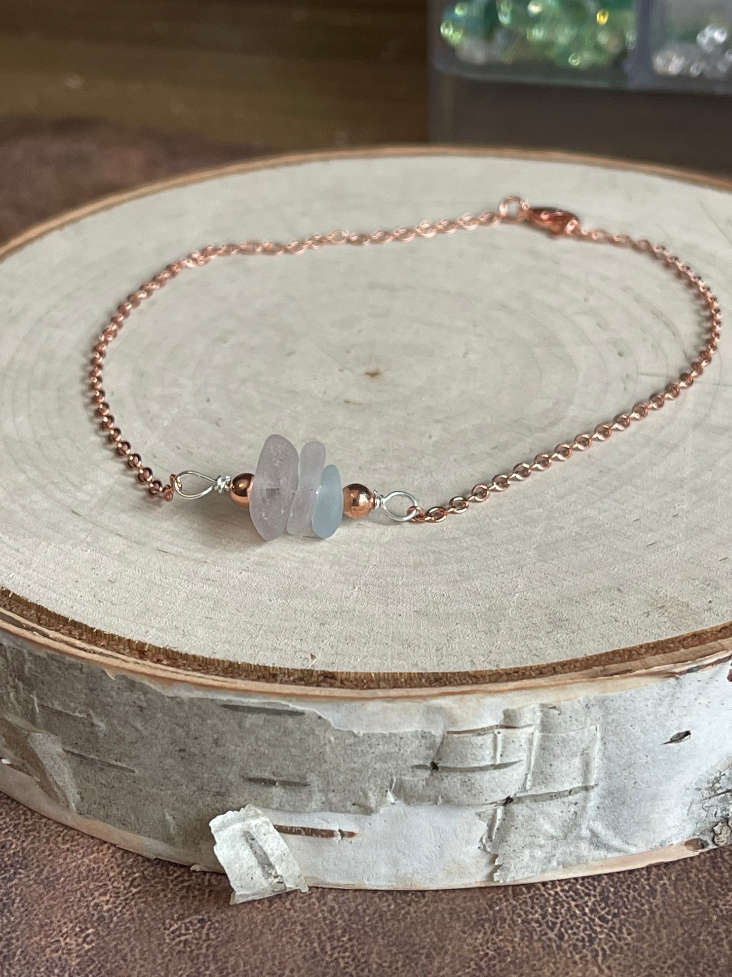 10” Rose gold plated anklet with pastel authentic Great Lakes beach glass