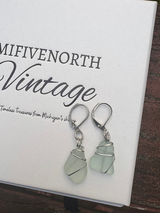 Turquoise Lake Michigan Beach Glass Earrings – Stainless Steel Wire Wrapped
