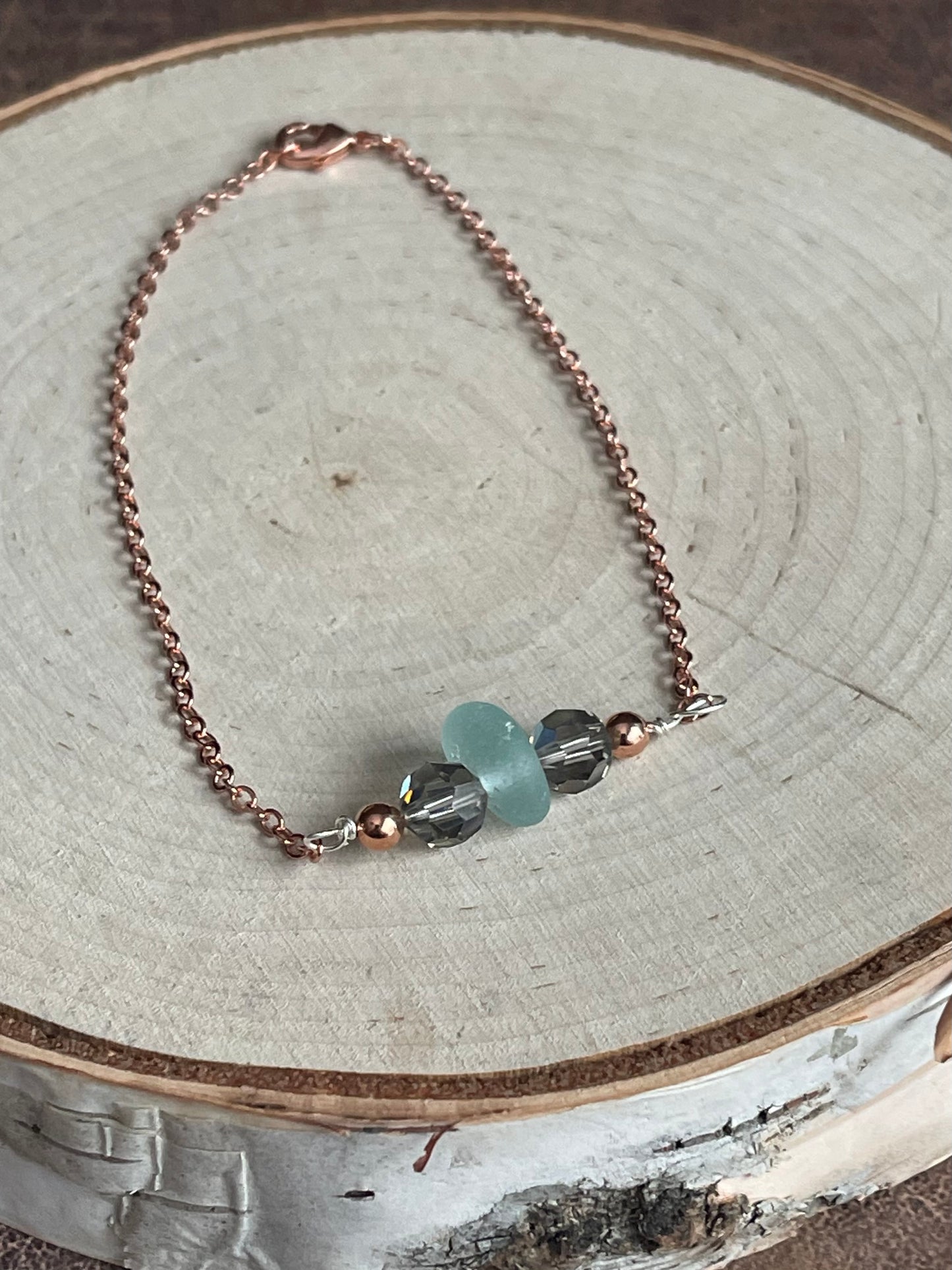 Beautiful Authentic Baby Blue beach glass + Vintage Swarovski crystals 9” anklet
