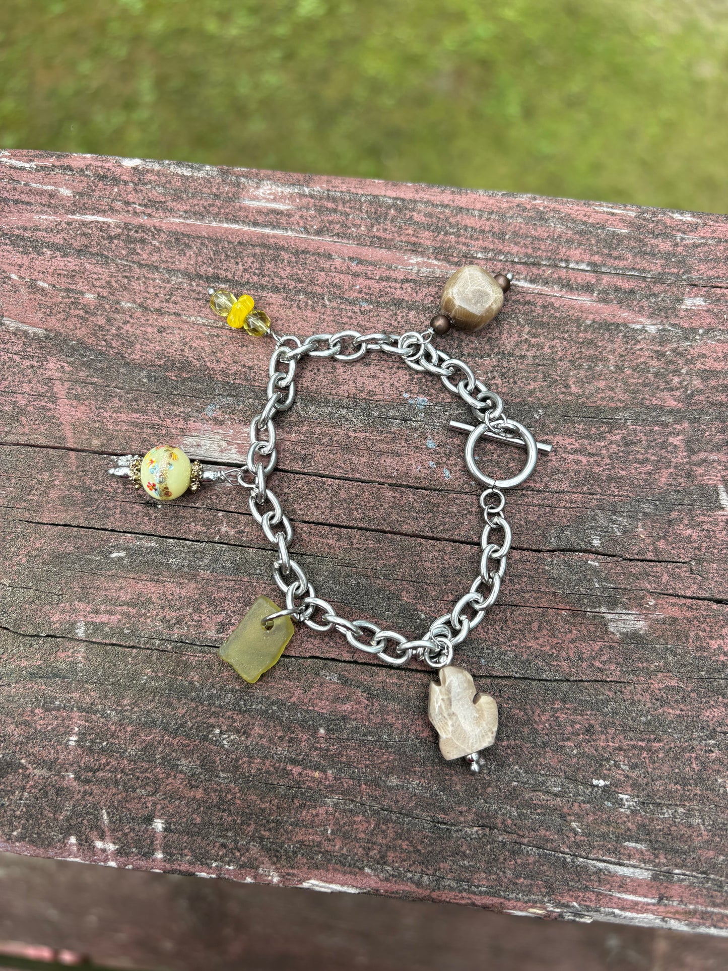 Michigan Charm Bracelet – Vintage Millefiori, Petoskey Stone & Beach Glass | 7” Stainless Steel