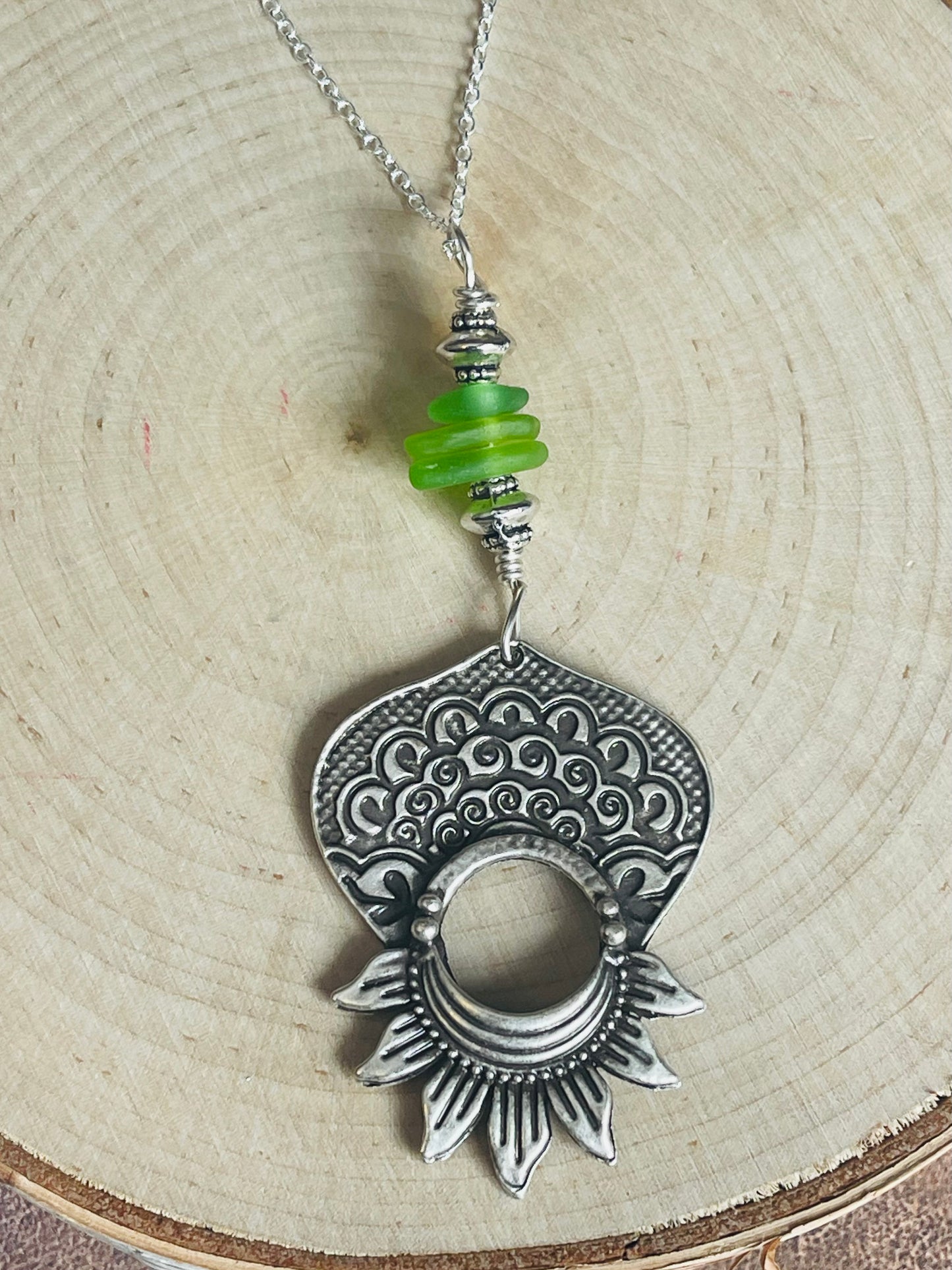 Bright green Genuine Lake Michigan Beach Glass Pendant Necklace