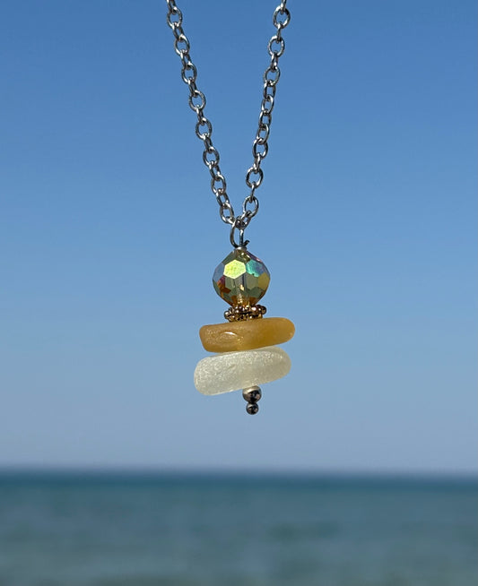 Yellow Aurora Borealis & Beach Glass Necklace – 18” Stainless Steel