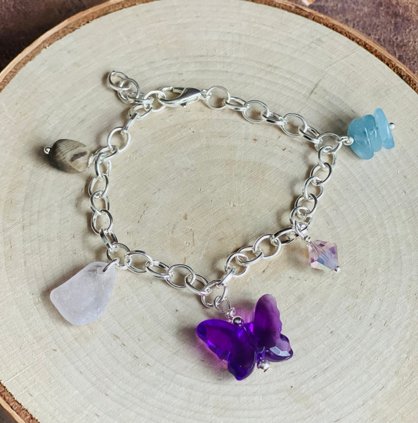 Authentic Lake Erie Lavender beach glass + Petoskey stone charm bracelet