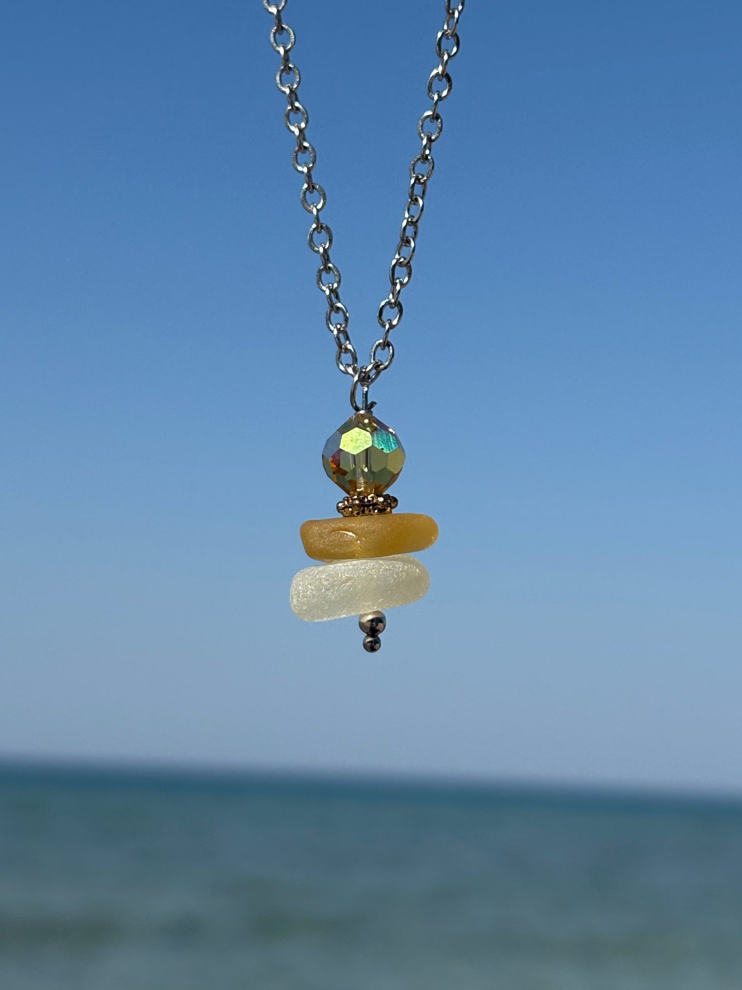 Yellow Aurora Borealis & Beach Glass Necklace β 18β Stainless Steel