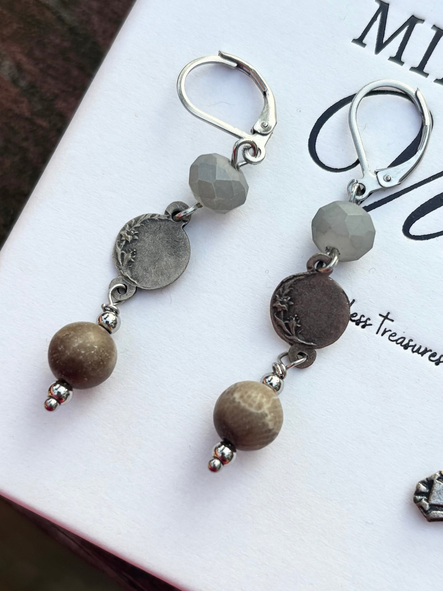 Vintage French Rosary & Petoskey Stone Jewelry Set – Earrings + 26” Stainless Steel Necklace