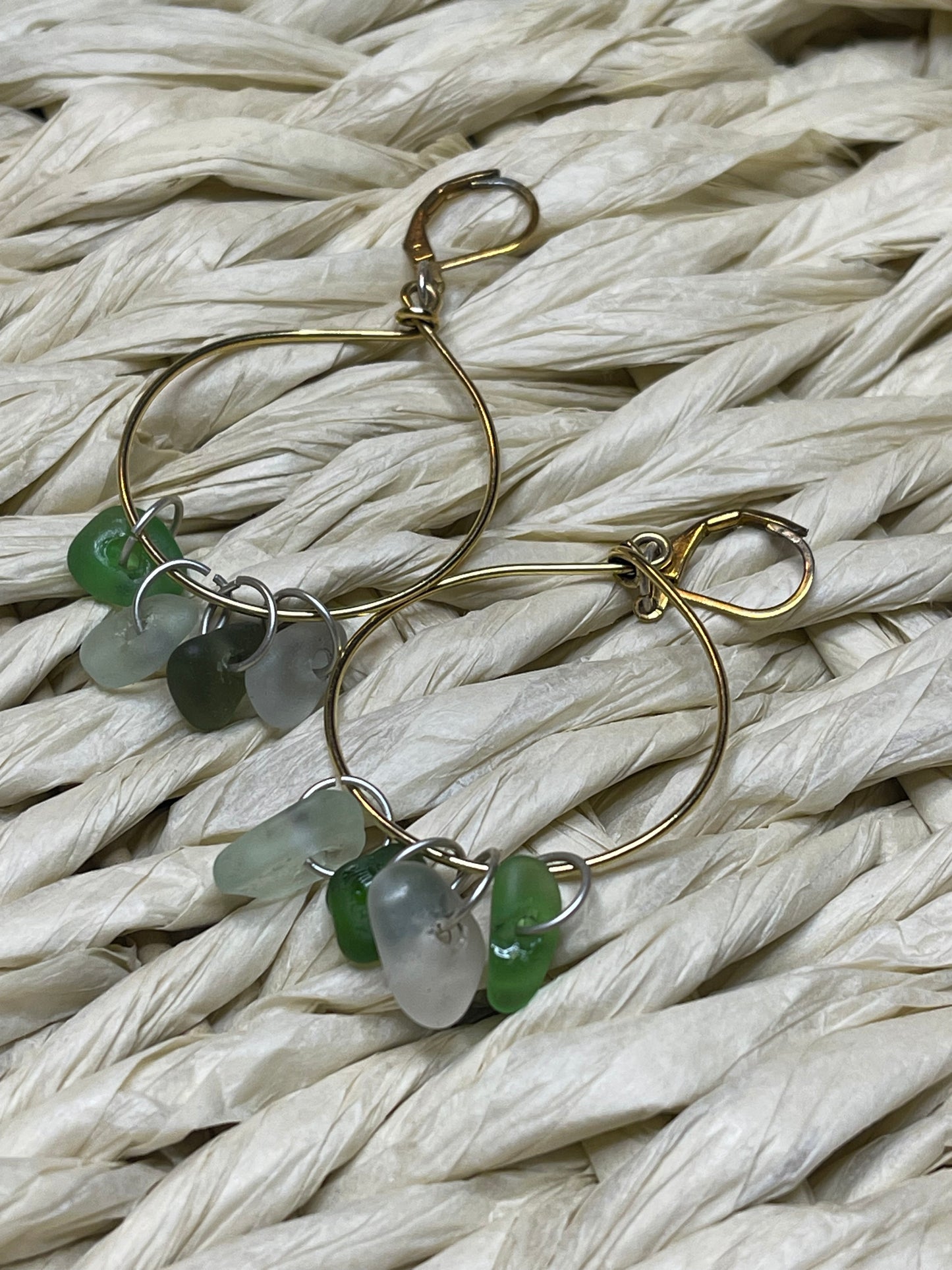 Gold plated hoop earrings with Lake Michigan beach glass charms