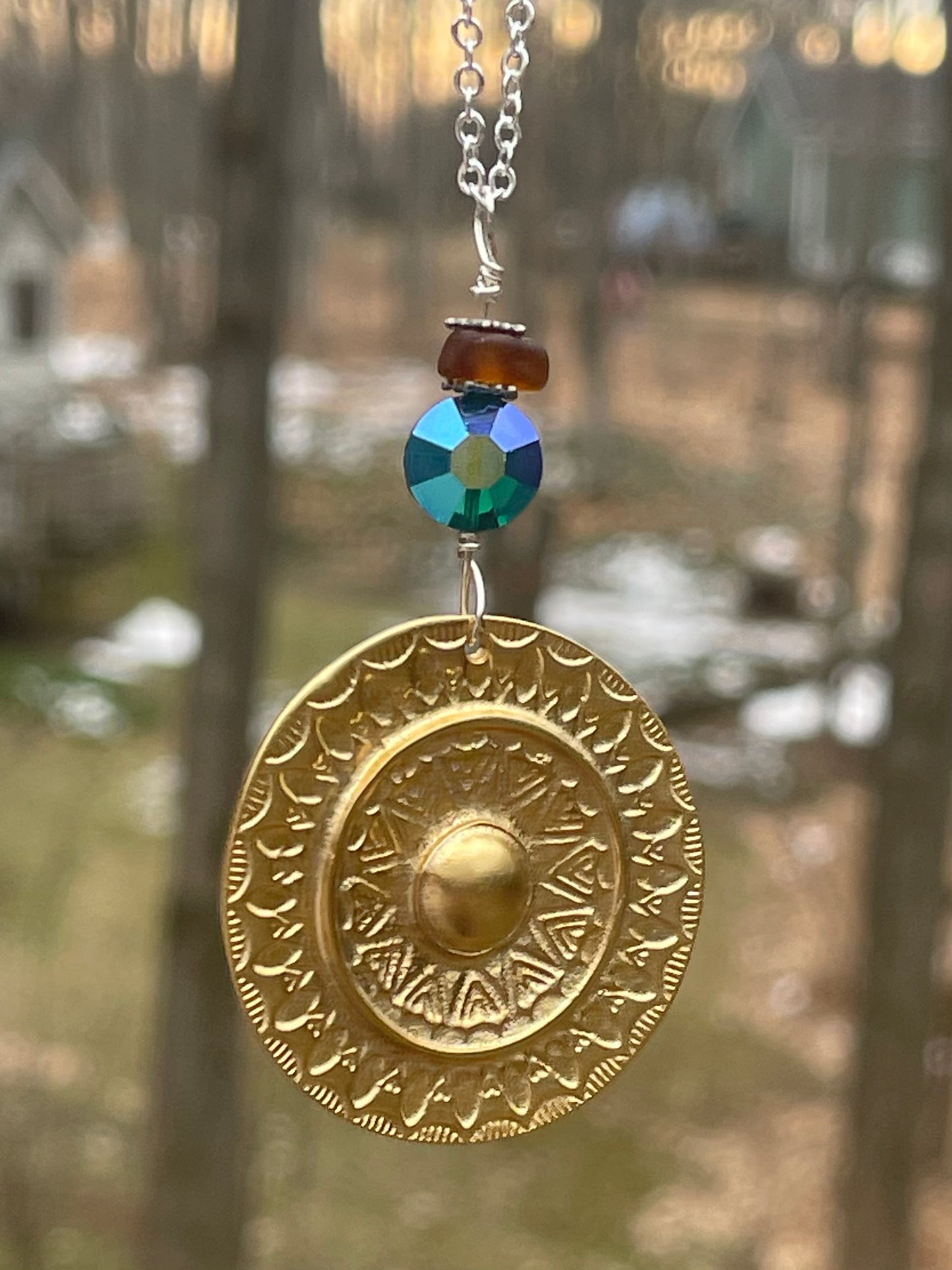 Gorgeous gold plated medallion pendant necklace with Michigan beach glass and emerald Swarovski crystal