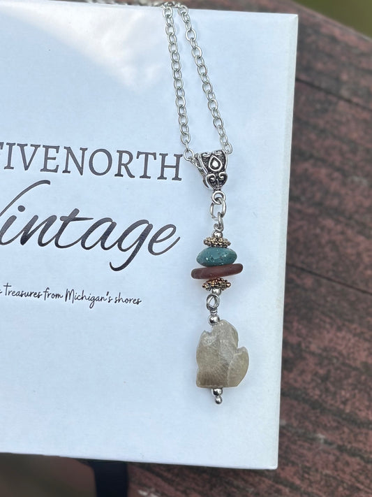 Michigan Petoskey Stone Pendant Necklace – Beach Glass & Leland Blue Accent