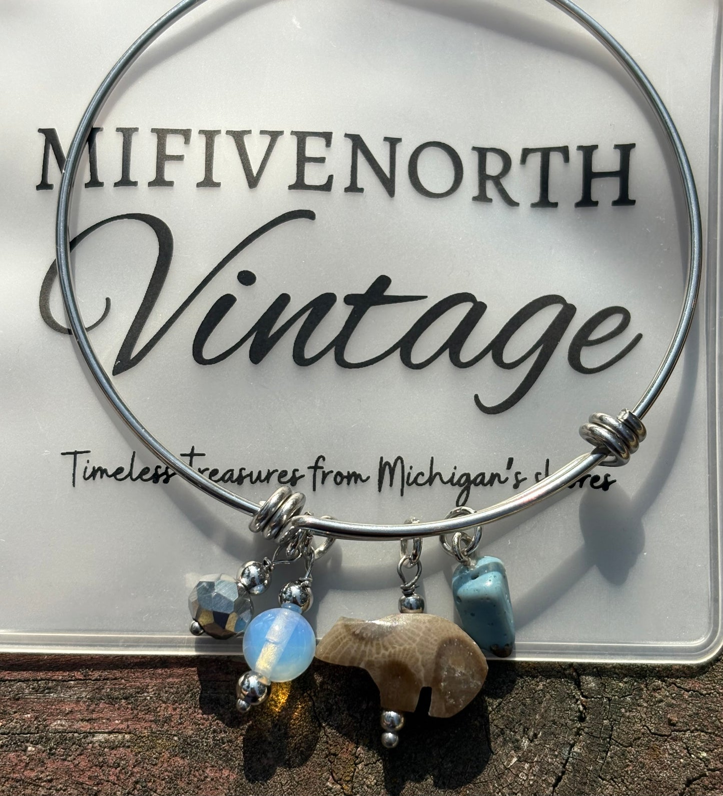 Petoskey Stone Bear Charm Bracelet – Michigan Gemstone Bangle