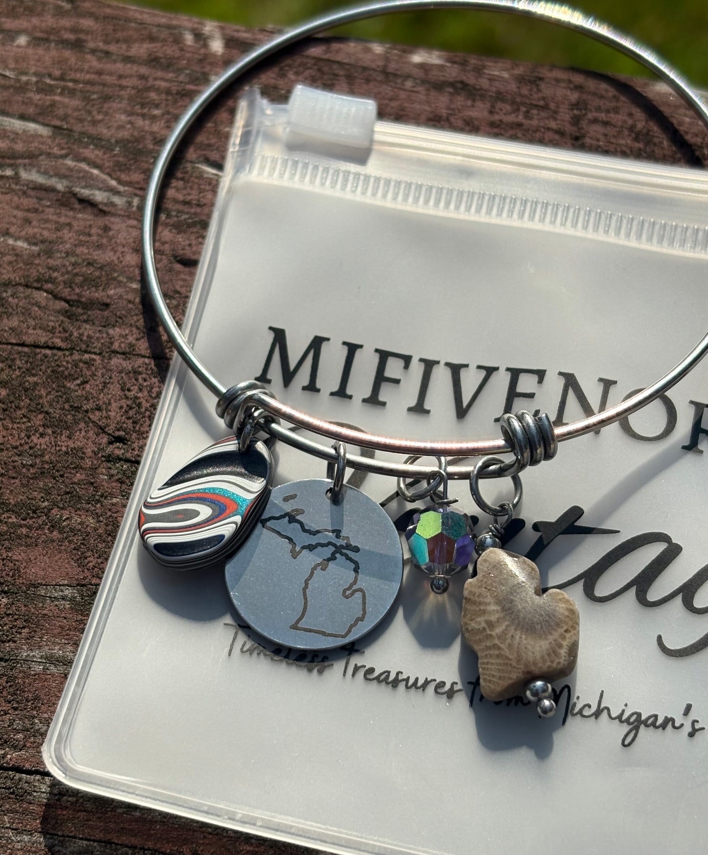 Michigan Charm Bracelet – Petoskey Stone, Fordite & Swarovski Crystal