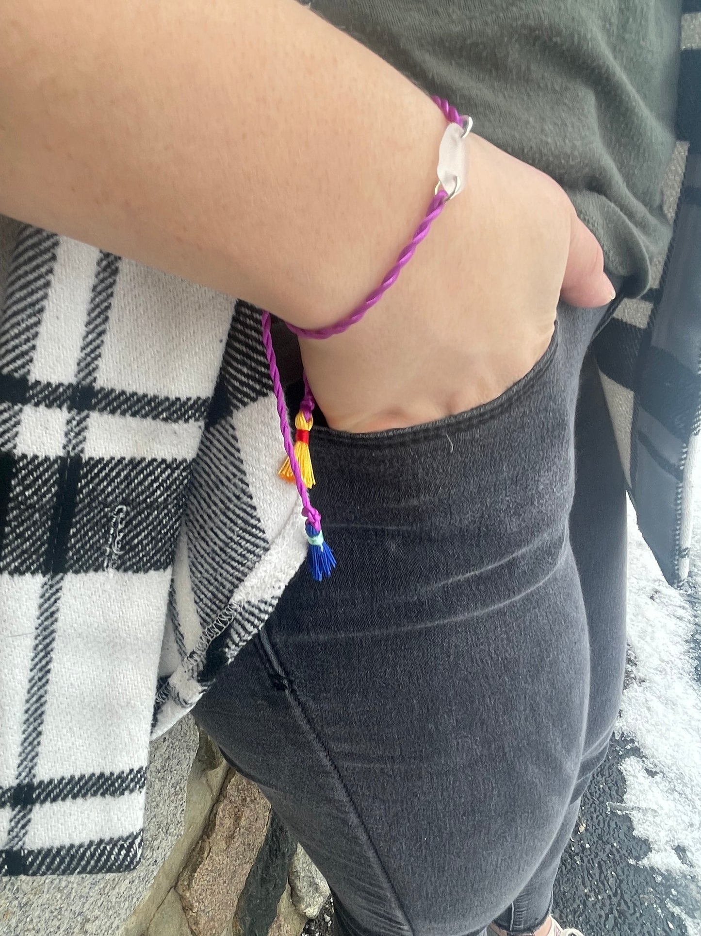 Adorable white Michigan beach glass adjustable friendship bracelet with colorful tassels