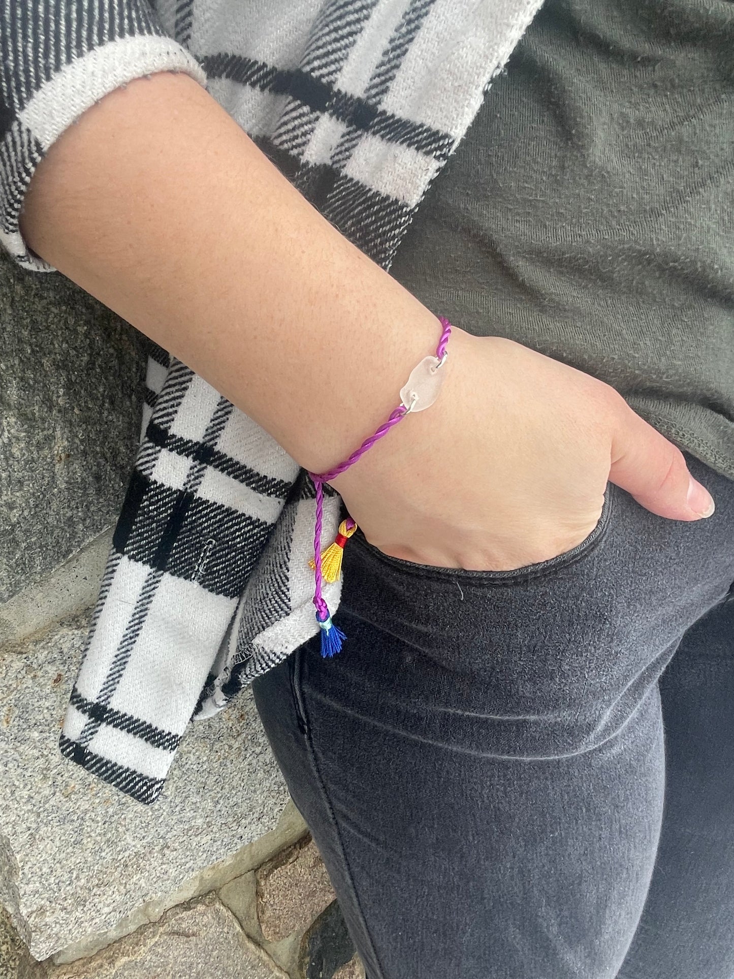 Adorable white Michigan beach glass adjustable friendship bracelet with colorful tassels
